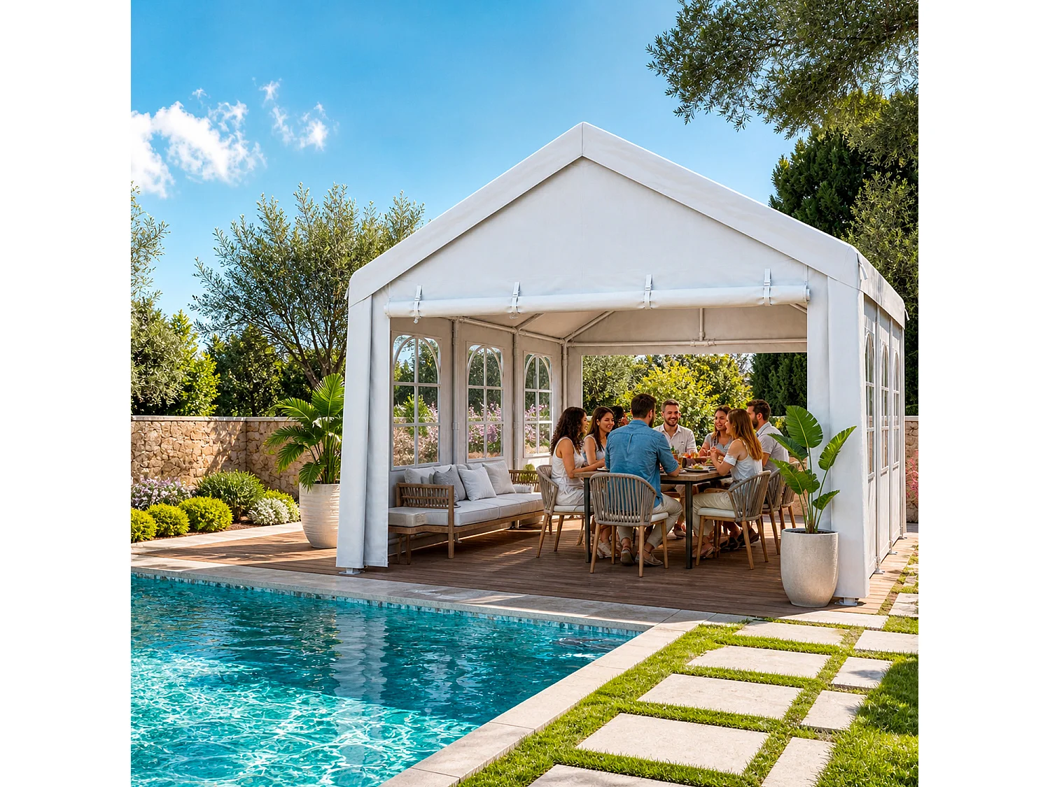 Gazebo Da Giardino 6x4 Metri Con Struttura In Pannelli Laterali Modulabili E Finestre Trasparenti Per Eventi Feste Catering 6 x 4 x 3.15 Metri Bianco