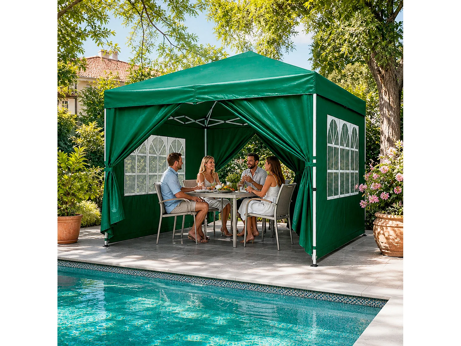 Gazebo Pieghevole Da Esterno Con Teli Laterali Finestre Trasparenti Apertura Pop Up Copertura Impermeabile UV50+ In Acciaio Per Eventi 3 x 3 x 2.59 m Verde