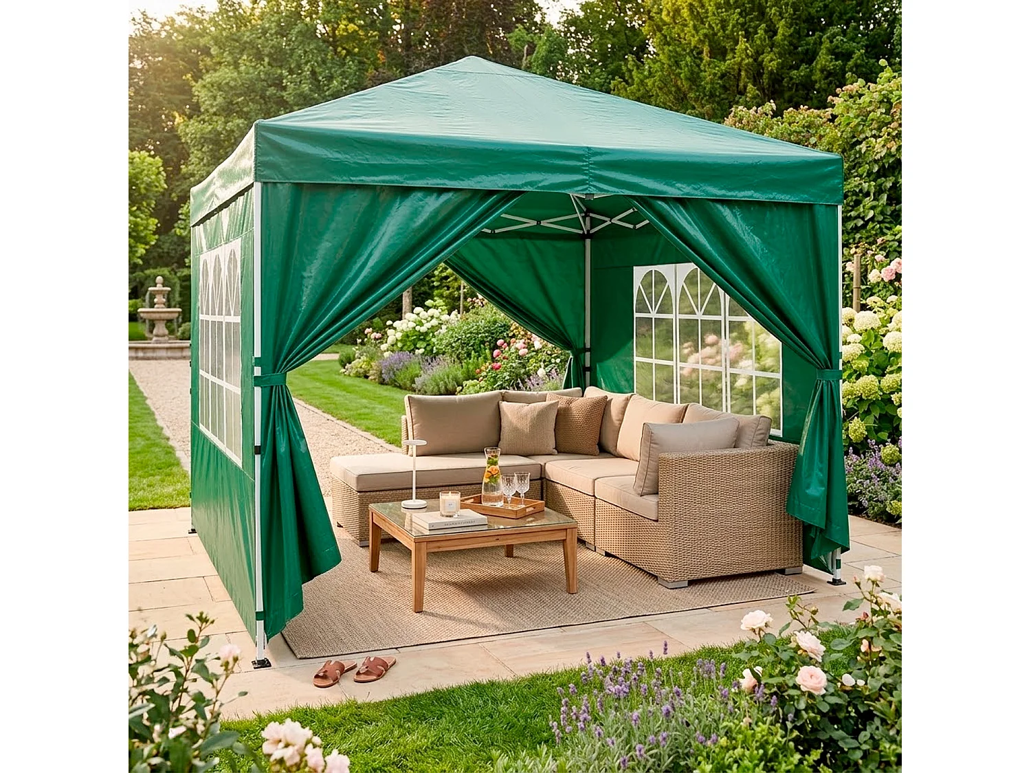 Gazebo Pieghevole Da Esterno Con Teli Laterali Finestre Trasparenti Apertura Pop Up Copertura Impermeabile UV50+ In Acciaio Per Eventi 3 x 3 x 2.59 m Verde