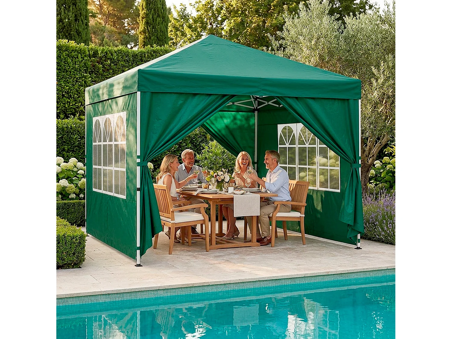 Gazebo Pieghevole Da Esterno Con Teli Laterali Finestre Trasparenti Apertura Pop Up Copertura Impermeabile UV50+ In Acciaio Per Eventi 3 x 3 x 2.59 m Verde