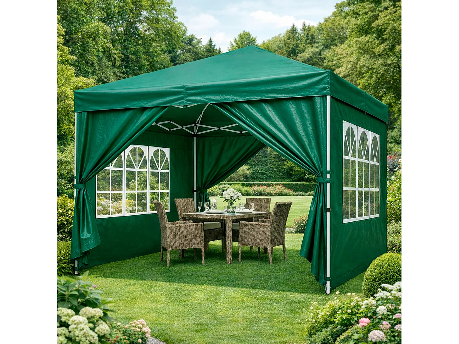 Gazebo Pieghevole Da Esterno Con Teli Laterali Finestre Trasparenti Apertura Pop Up Copertura Impermeabile UV50+ In Acciaio Per Eventi 3 x 3 x 2.59 m Verde