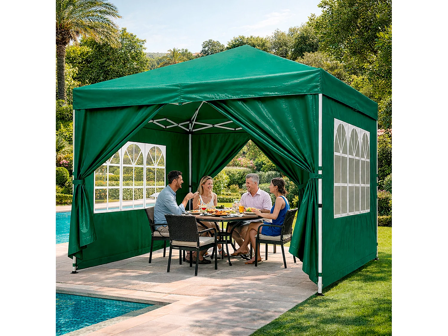 Gazebo Pieghevole Da Esterno Con Teli Laterali Finestre Trasparenti Apertura Pop Up Copertura Impermeabile UV50+ In Acciaio Per Eventi 3 x 3 x 2.59 m Verde