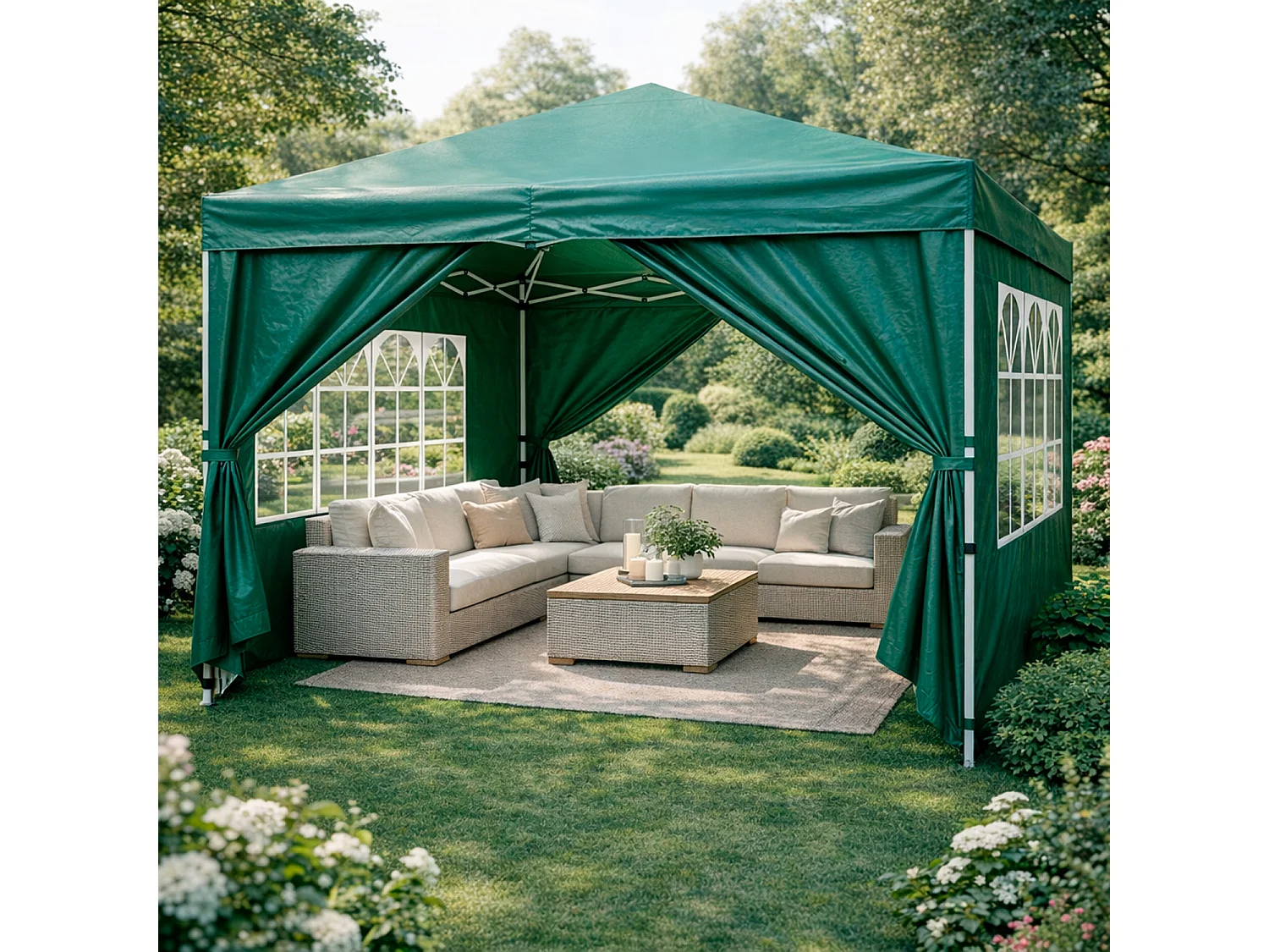 Gazebo Pieghevole Da Esterno Con Teli Laterali Finestre Trasparenti Apertura Pop Up Copertura Impermeabile UV50+ In Acciaio Per Eventi 3 x 3 x 2.59 m Verde