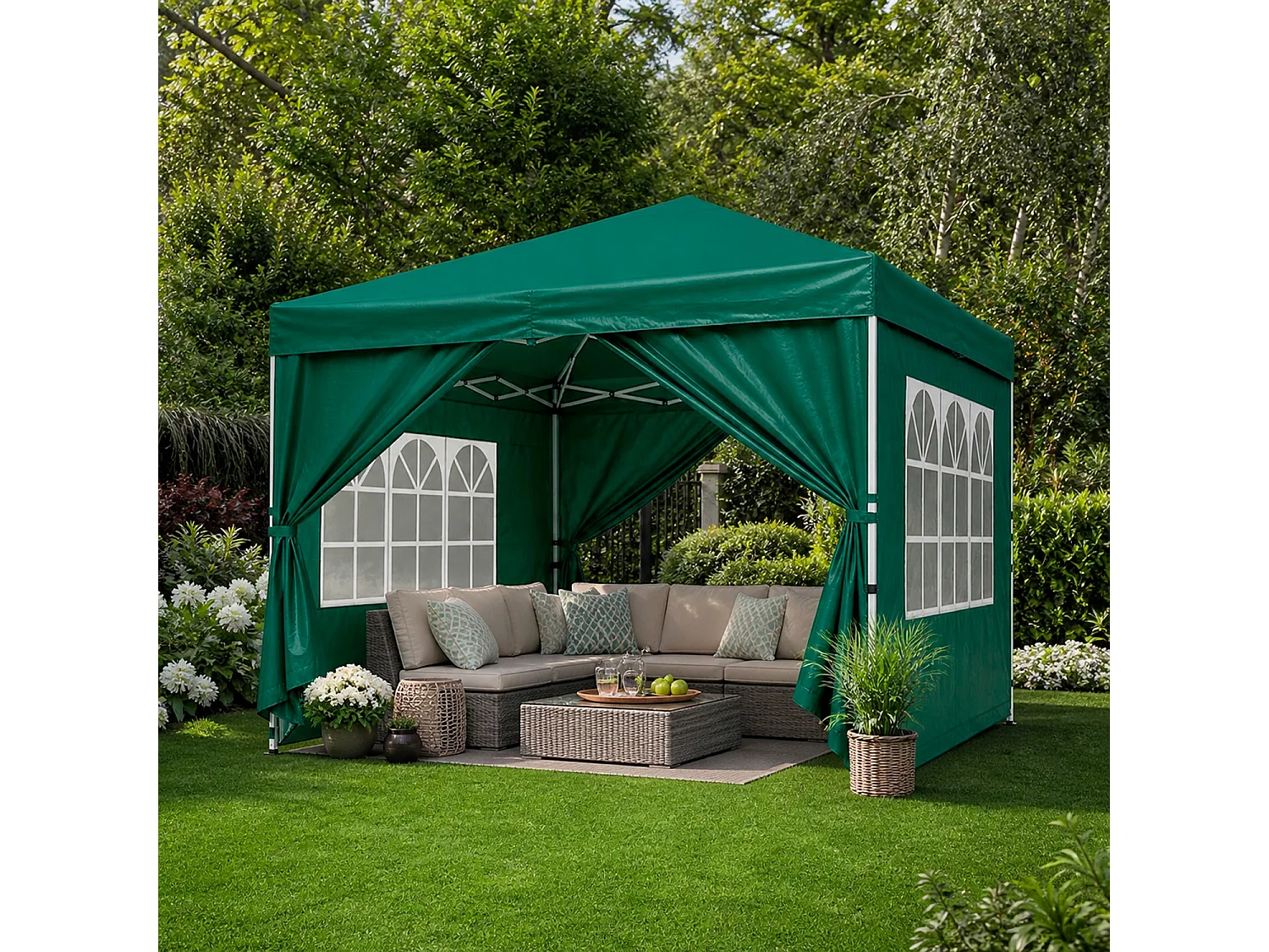 Gazebo Pieghevole Da Esterno Con Teli Laterali Finestre Trasparenti Apertura Pop Up Copertura Impermeabile UV50+ In Acciaio Per Eventi 3 x 3 x 2.59 m Verde