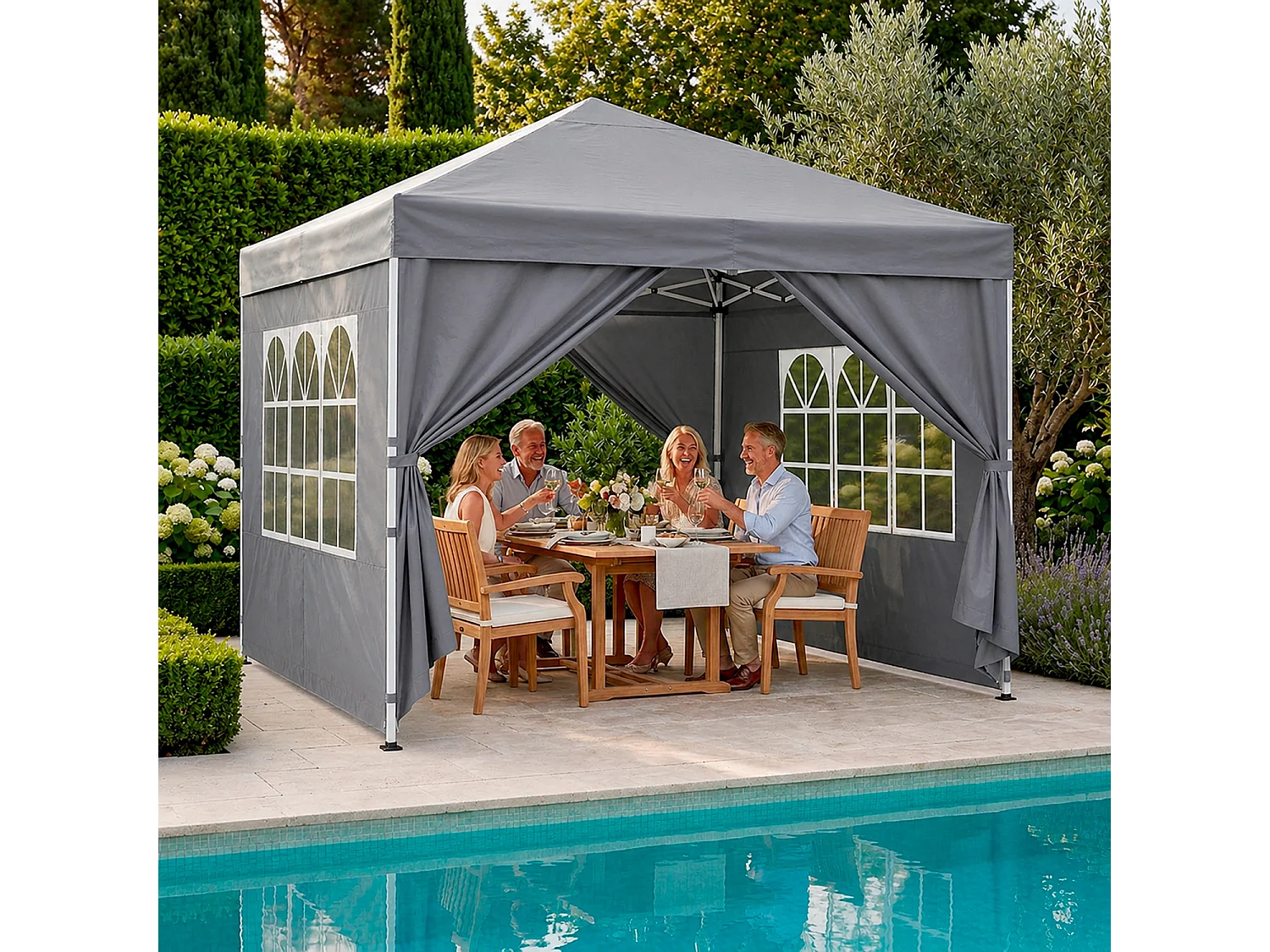 Gazebo Pieghevole Da Esterno Con Teli Laterali Finestre Trasparenti Apertura Pop Up Copertura Impermeabile UV50+ In Acciaio Per Eventi 3 x 3 x 2.59 m Grigio