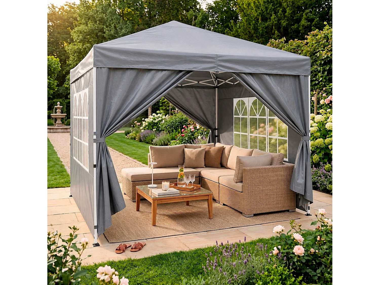 Gazebo Pieghevole Da Esterno Con Teli Laterali Finestre Trasparenti Apertura Pop Up Copertura Impermeabile UV50+ In Acciaio Per Eventi 3 x 3 x 2.59 m Grigio