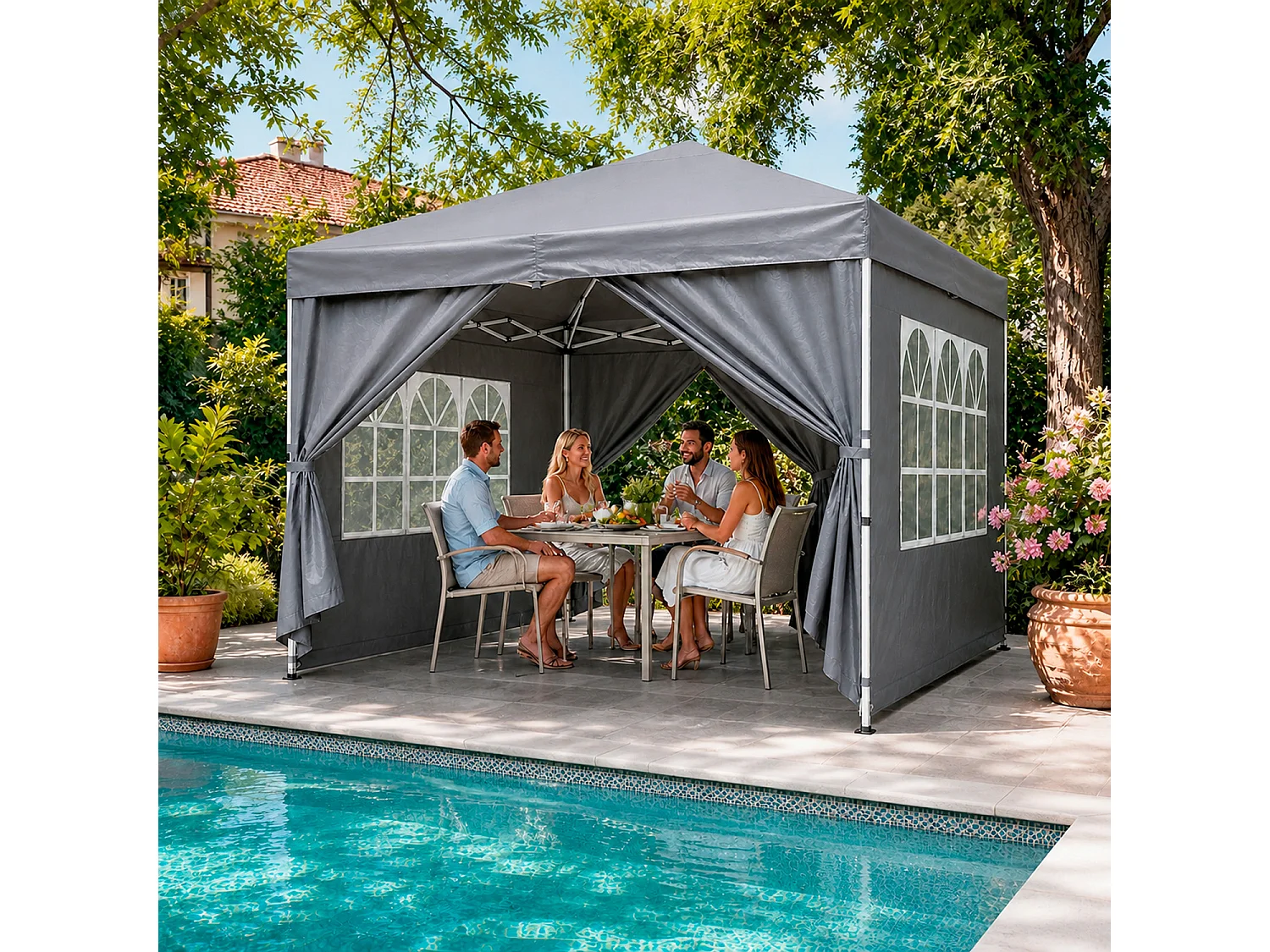 Gazebo Pieghevole Da Esterno Con Teli Laterali Finestre Trasparenti Apertura Pop Up Copertura Impermeabile UV50+ In Acciaio Per Eventi 3 x 3 x 2.59 m Grigio