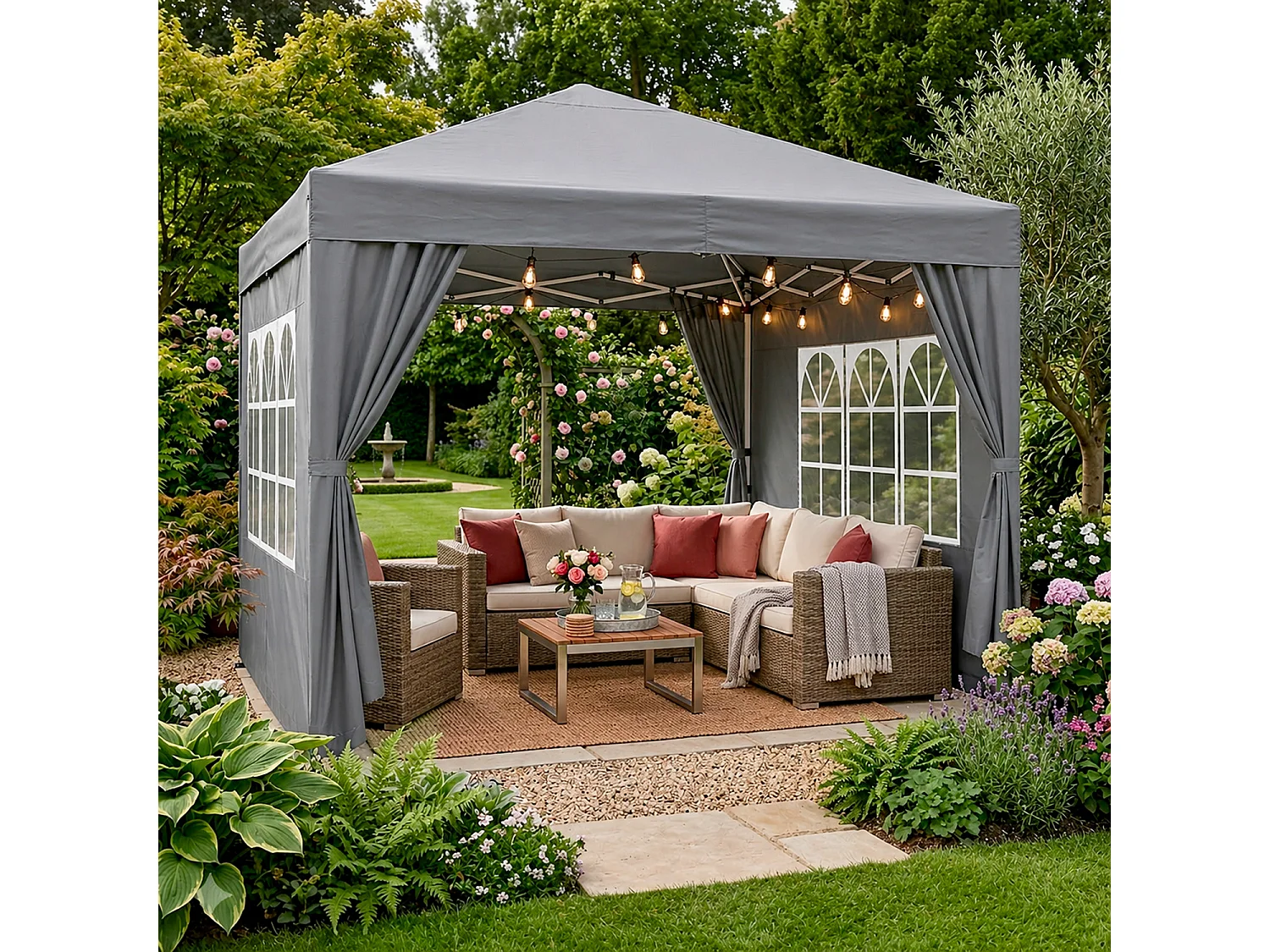 Gazebo Pieghevole Da Esterno Con Teli Laterali Finestre Trasparenti Apertura Pop Up Copertura Impermeabile UV50+ In Acciaio Per Eventi 3 x 3 x 2.59 m Grigio
