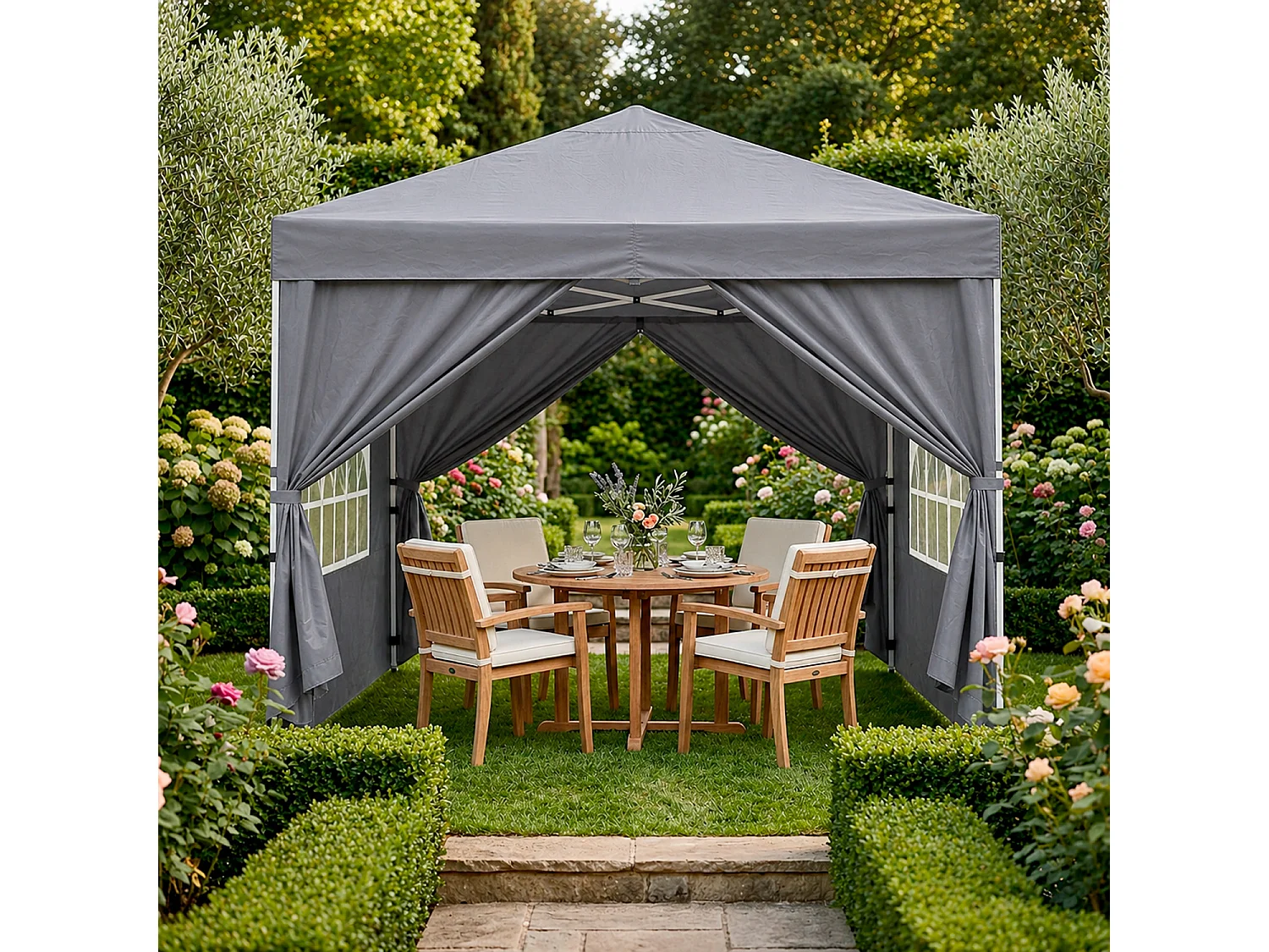 Gazebo Pieghevole Da Esterno Con Teli Laterali Finestre Trasparenti Apertura Pop Up Copertura Impermeabile UV50+ In Acciaio Per Eventi 3 x 3 x 2.59 m Grigio