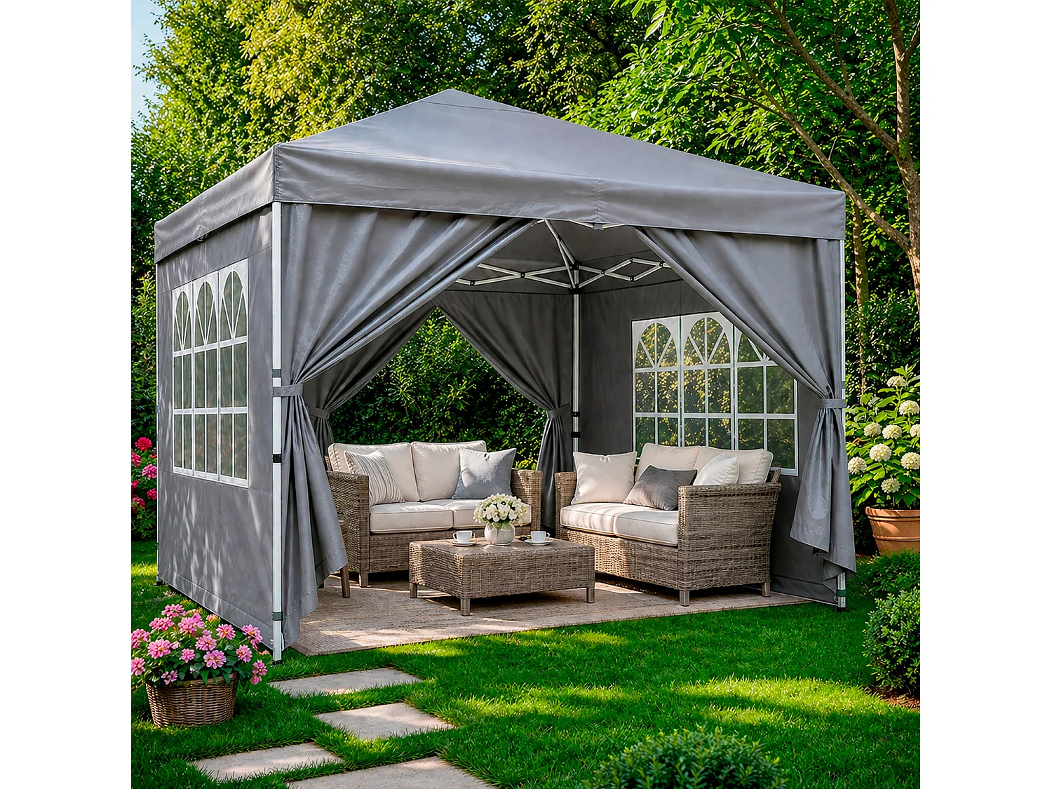 Gazebo Pieghevole Da Esterno Con Teli Laterali Finestre Trasparenti Apertura Pop Up Copertura Impermeabile UV50+ In Acciaio Per Eventi 3 x 3 x 2.59 m Grigio
