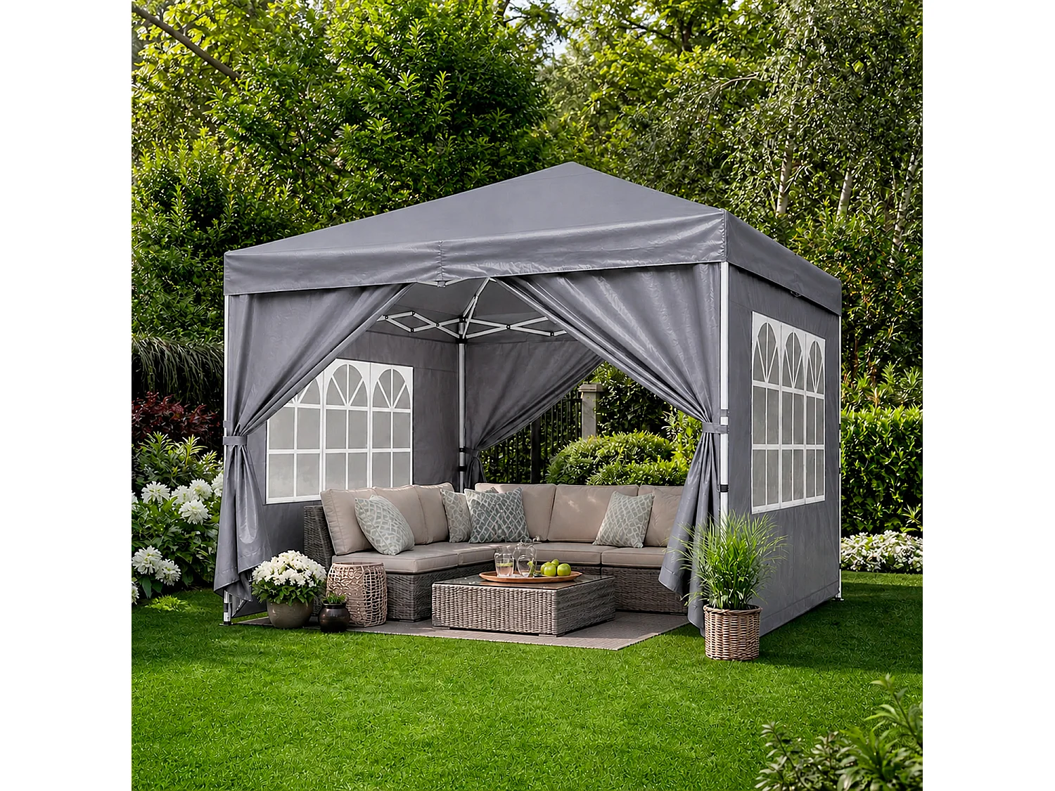 Gazebo Pieghevole Da Esterno Con Teli Laterali Finestre Trasparenti Apertura Pop Up Copertura Impermeabile UV50+ In Acciaio Per Eventi 3 x 3 x 2.59 m Grigio