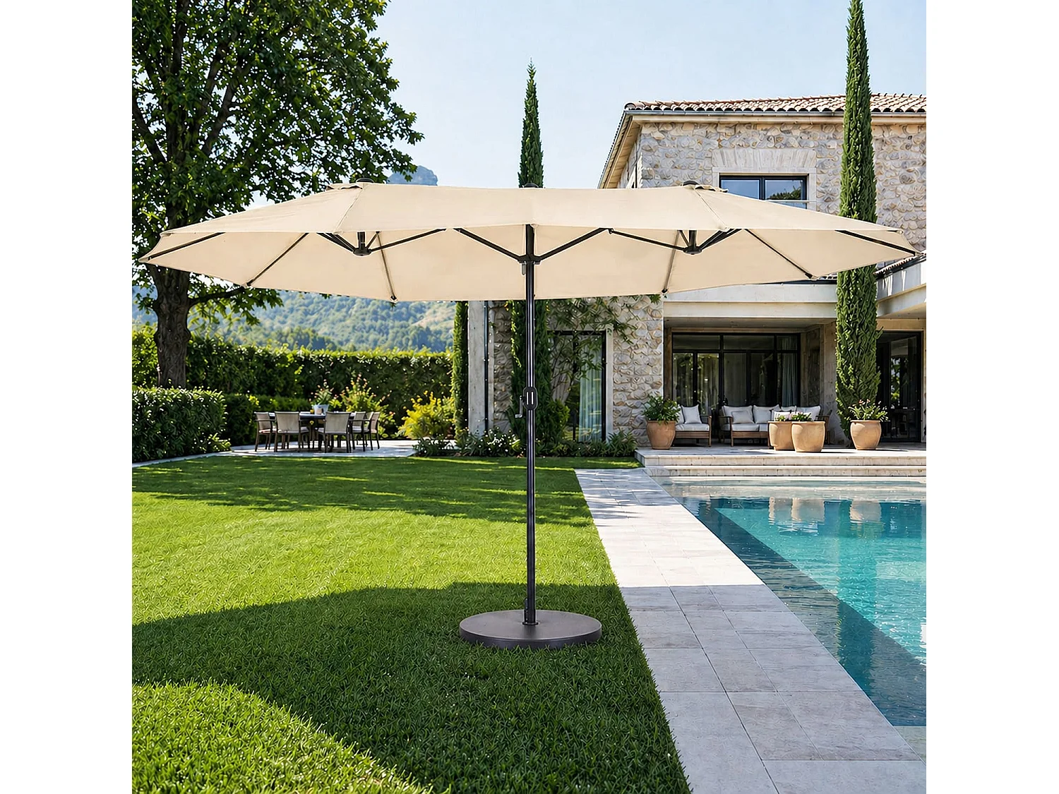 Ombrellone Doppio Da Esterno 4.6 x 2.4 M Per Esterno Piscina Terrazzo Con Palo In Acciaio In Poliestere Impermeabilie Anti UV Apertura A Manovella Beige