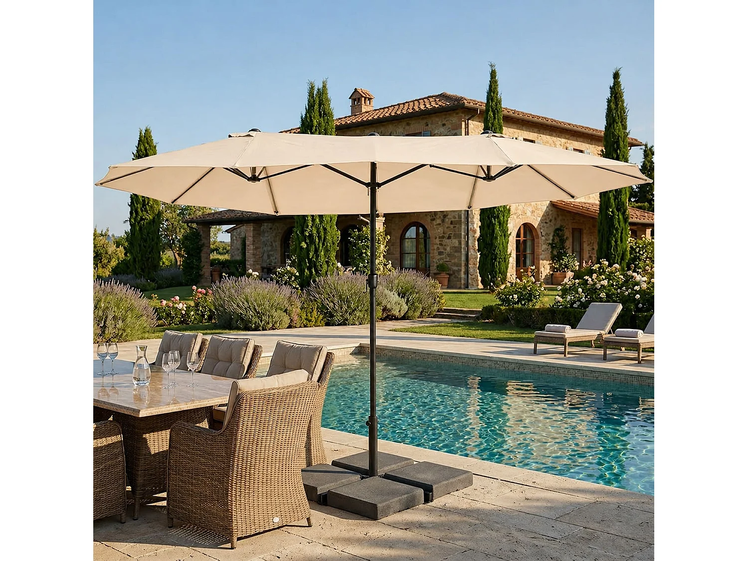 Ombrellone Doppio Da Esterno 4.6 x 2.4 M Per Esterno Piscina Terrazzo Con Palo In Acciaio In Poliestere Impermeabilie Anti UV Apertura A Manovella Beige