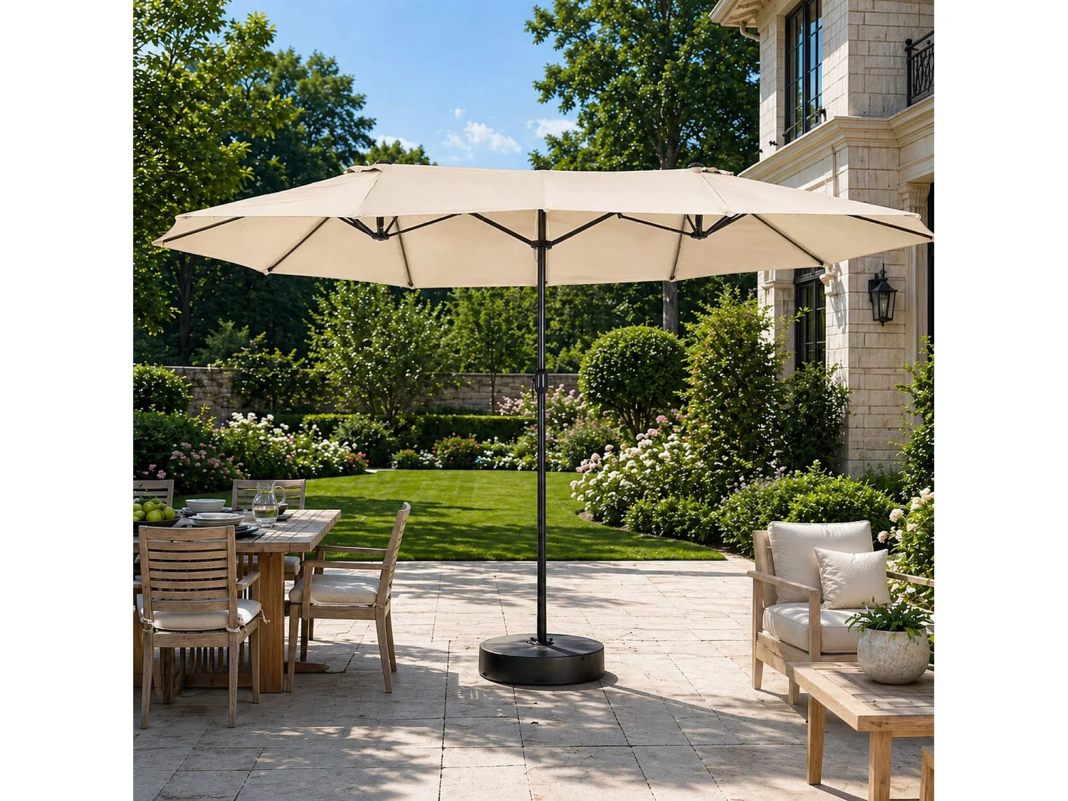 Ombrellone Doppio Da Esterno 4.6 x 2.4 M Per Esterno Piscina Terrazzo Con Palo In Acciaio In Poliestere Impermeabilie Anti UV Apertura A Manovella Beige