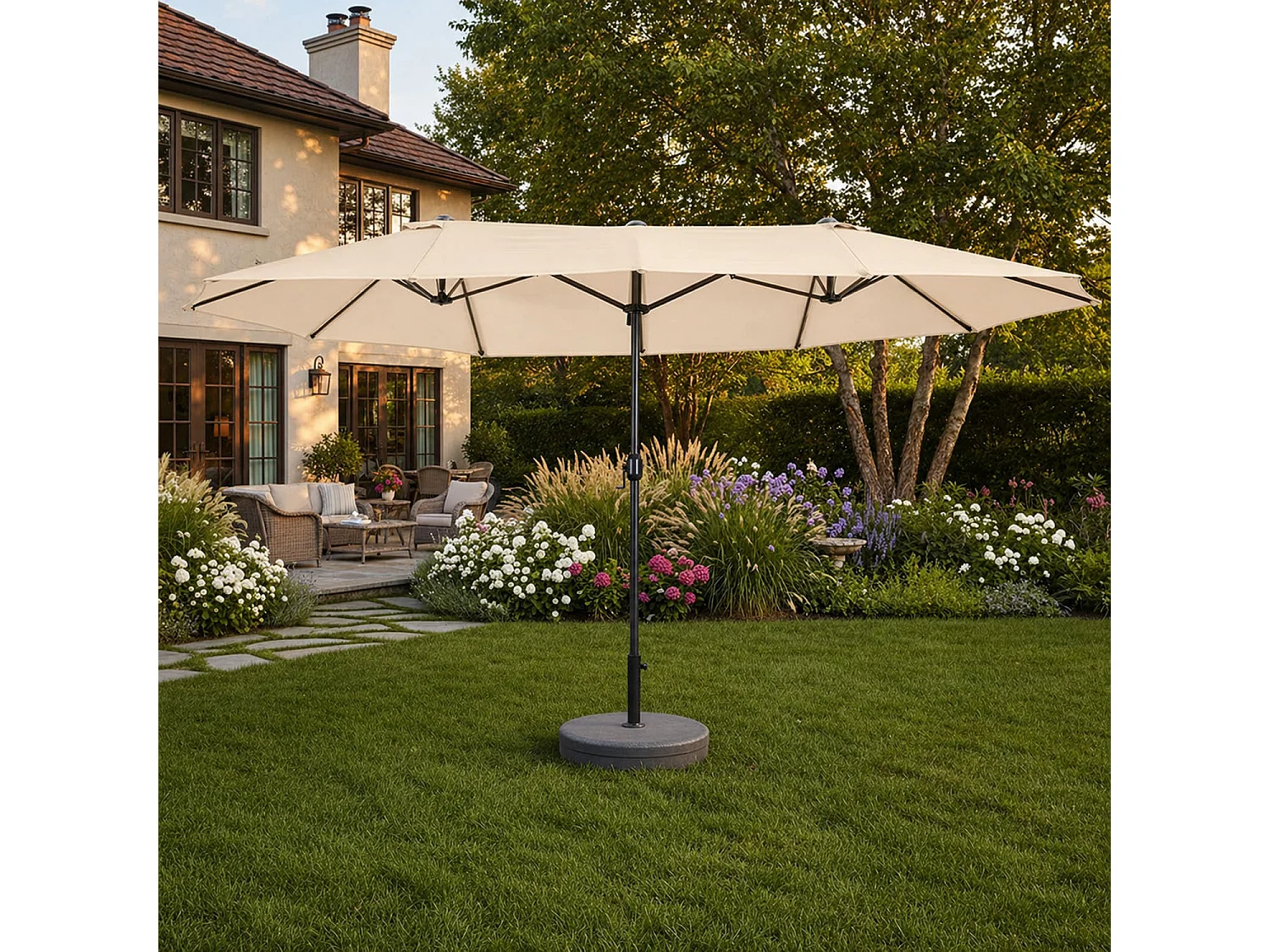 Ombrellone Doppio Da Esterno 4.6 x 2.4 M Per Esterno Piscina Terrazzo Con Palo In Acciaio In Poliestere Impermeabilie Anti UV Apertura A Manovella Beige