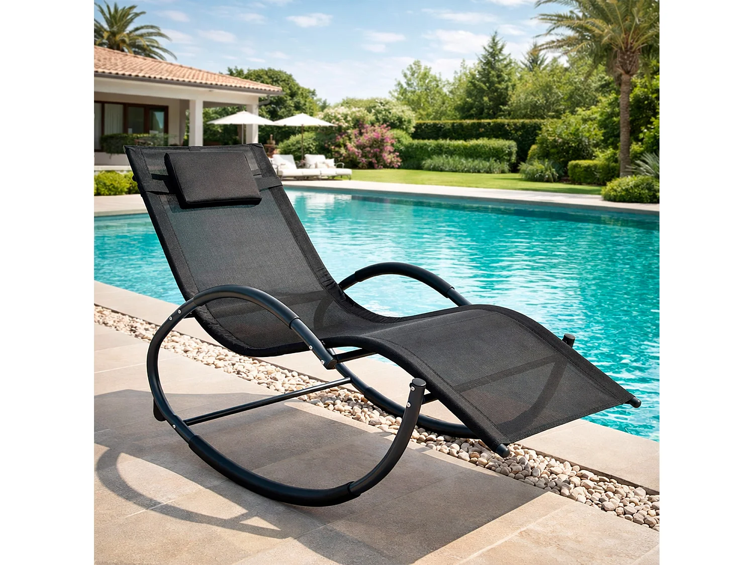 Sedia Basculante Ergonomica Da Giardino Con Poggiatesta Removibile In Textilene Traspirante Dondolo Relax Per Esterno Piscina Terrazza 155 x 61 x 88 Cm Nero