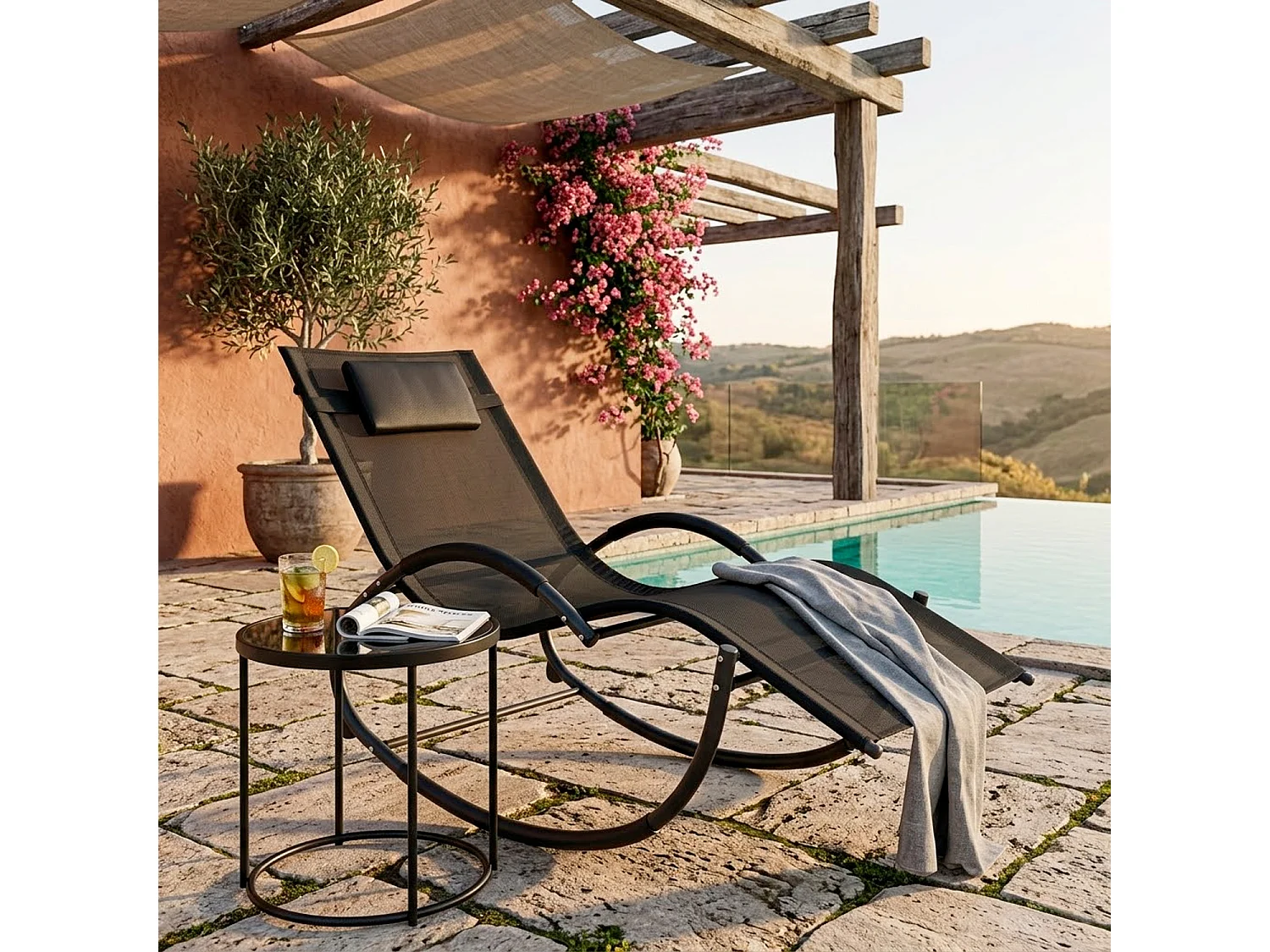 Sedia Basculante Ergonomica Da Giardino Con Poggiatesta Removibile In Textilene Traspirante Dondolo Relax Per Esterno Piscina Terrazza 155 x 61 x 88 Cm Nero