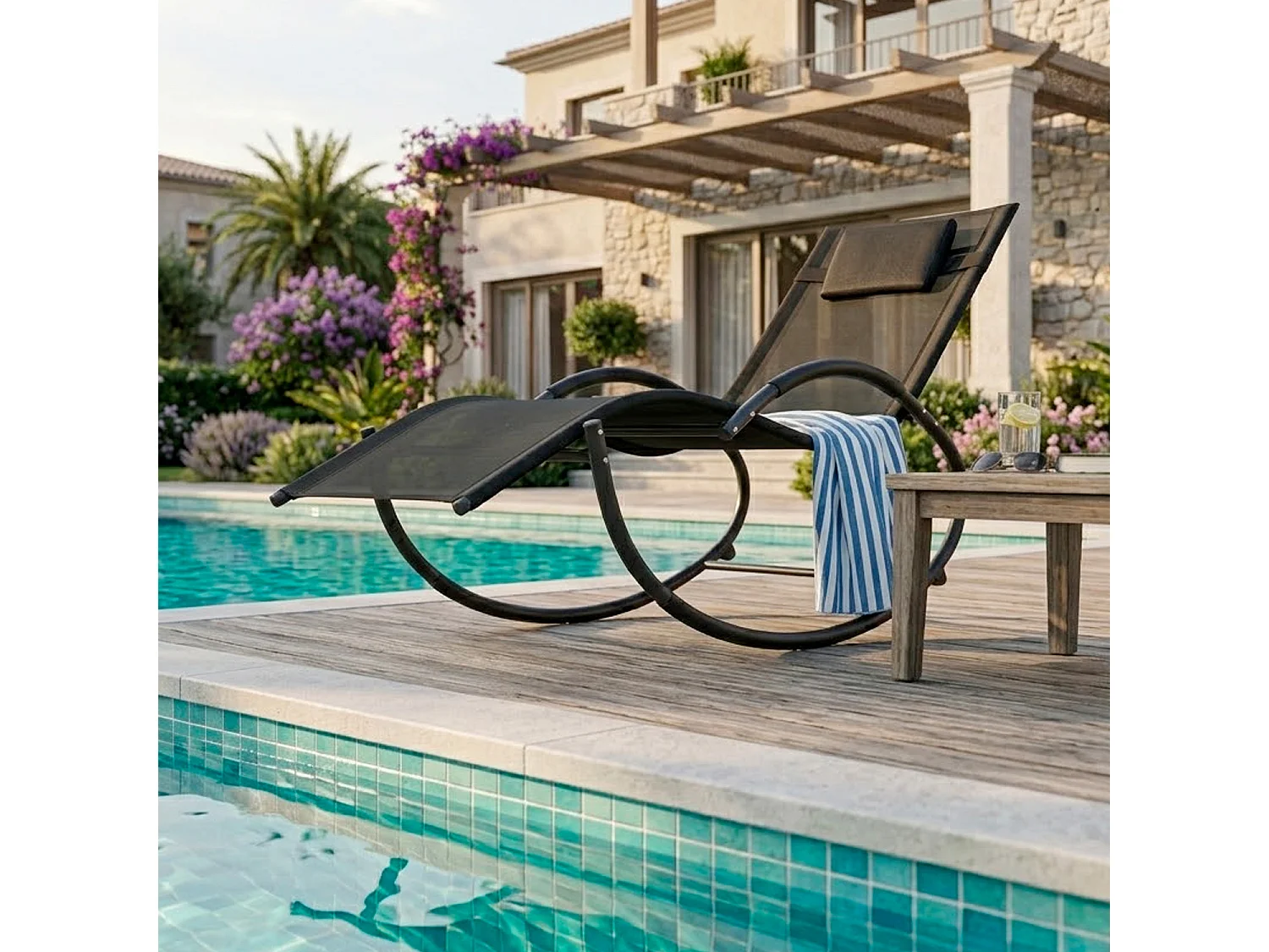 Sedia Basculante Ergonomica Da Giardino Con Poggiatesta Removibile In Textilene Traspirante Dondolo Relax Per Esterno Piscina Terrazza 155 x 61 x 88 Cm Nero