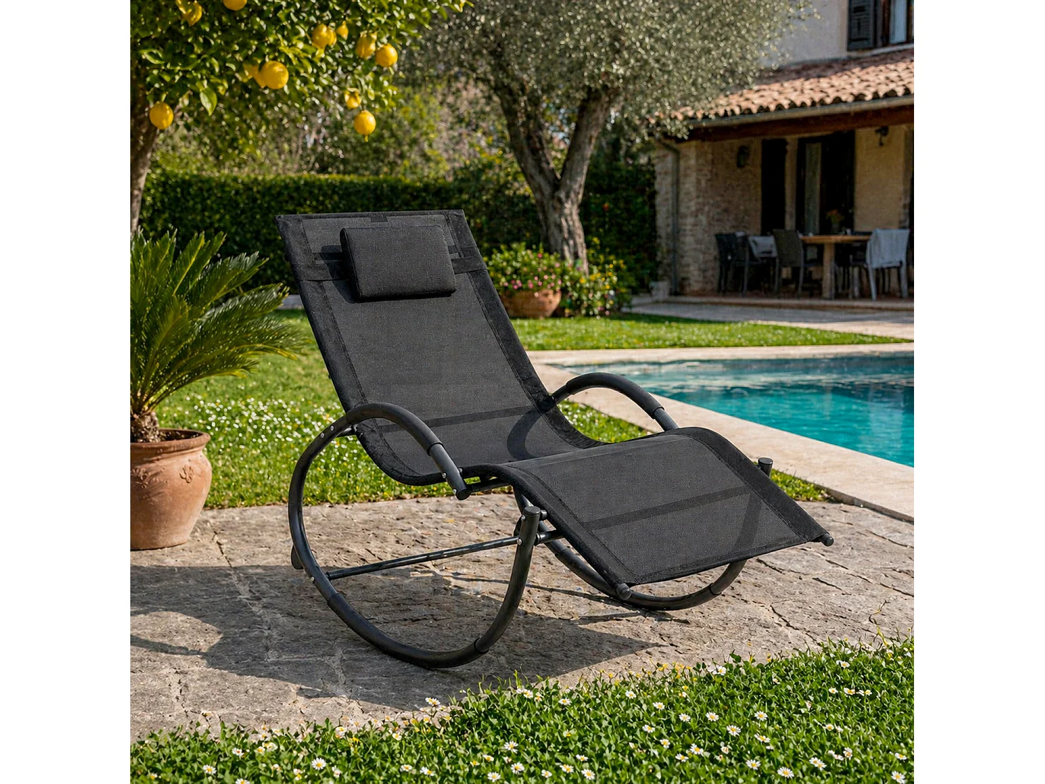 Sedia Basculante Ergonomica Da Giardino Con Poggiatesta Removibile In Textilene Traspirante Dondolo Relax Per Esterno Piscina Terrazza 155 x 61 x 88 Cm Nero