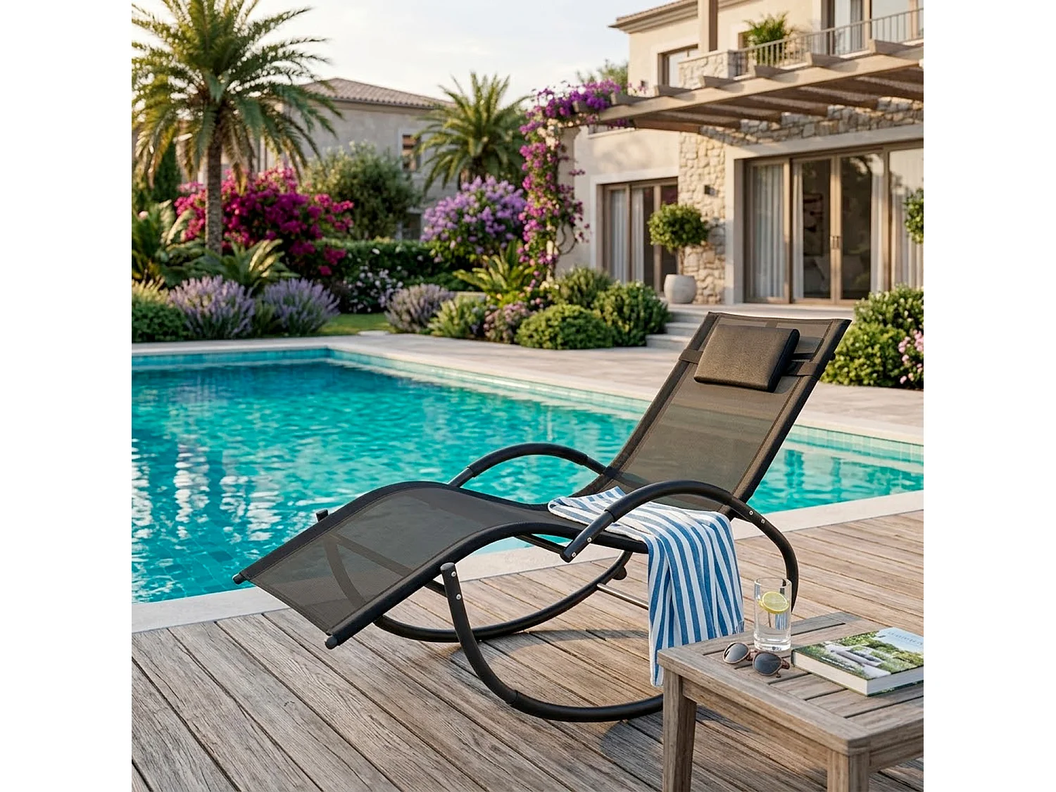 Sedia Basculante Ergonomica Da Giardino Con Poggiatesta Removibile In Textilene Traspirante Dondolo Relax Per Esterno Piscina Terrazza 155 x 61 x 88 Cm Nero
