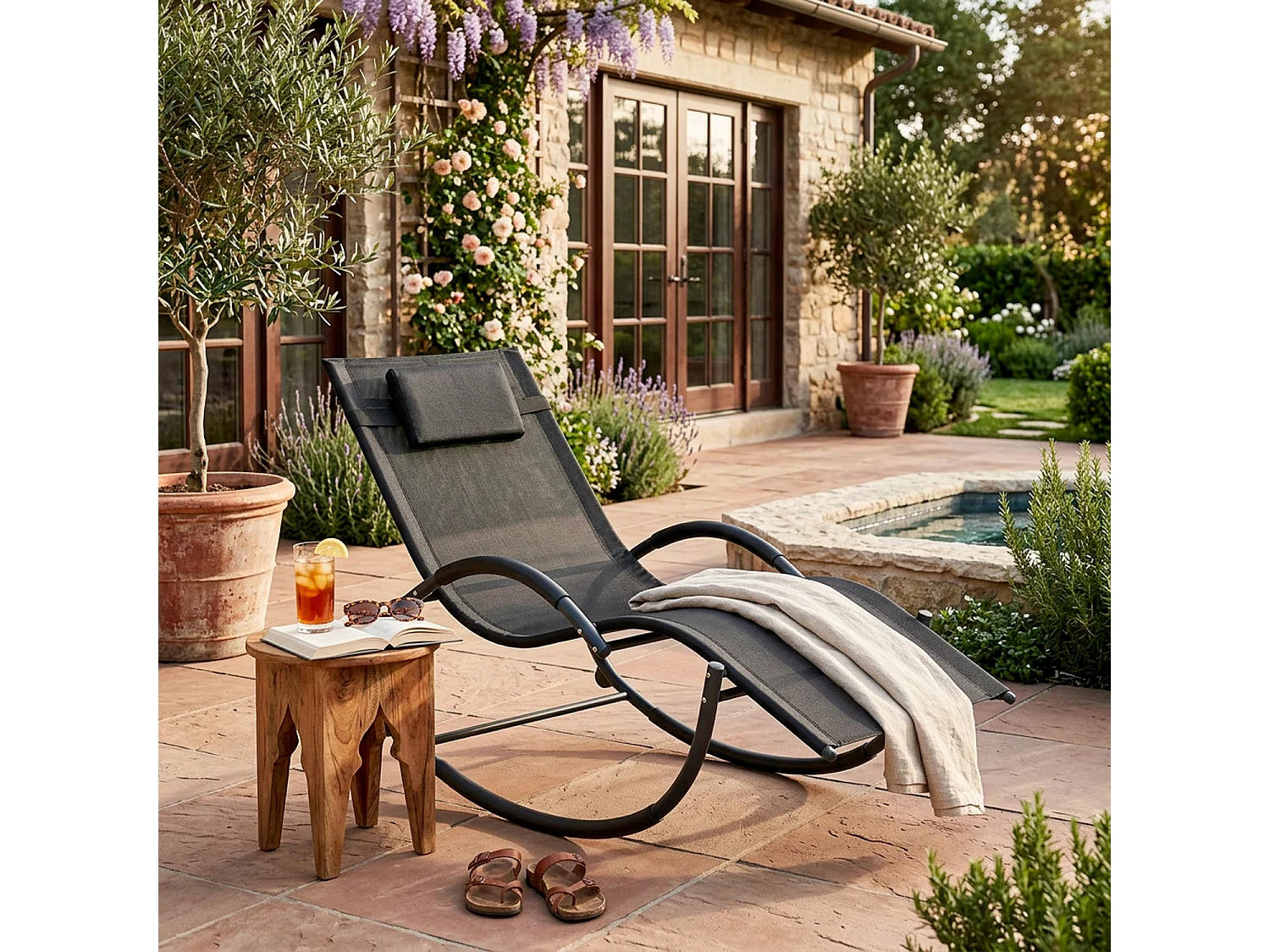 Sedia Basculante Ergonomica Da Giardino Con Poggiatesta Removibile In Textilene Traspirante Dondolo Relax Per Esterno Piscina Terrazza 155 x 61 x 88 Cm Nero