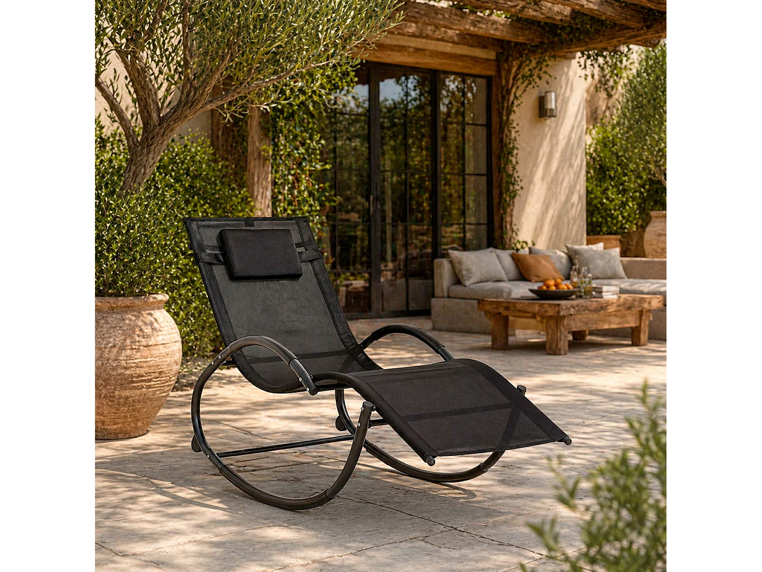 Sedia Basculante Ergonomica Da Giardino Con Poggiatesta Removibile In Textilene Traspirante Dondolo Relax Per Esterno Piscina Terrazza 155 x 61 x 88 Cm Nero