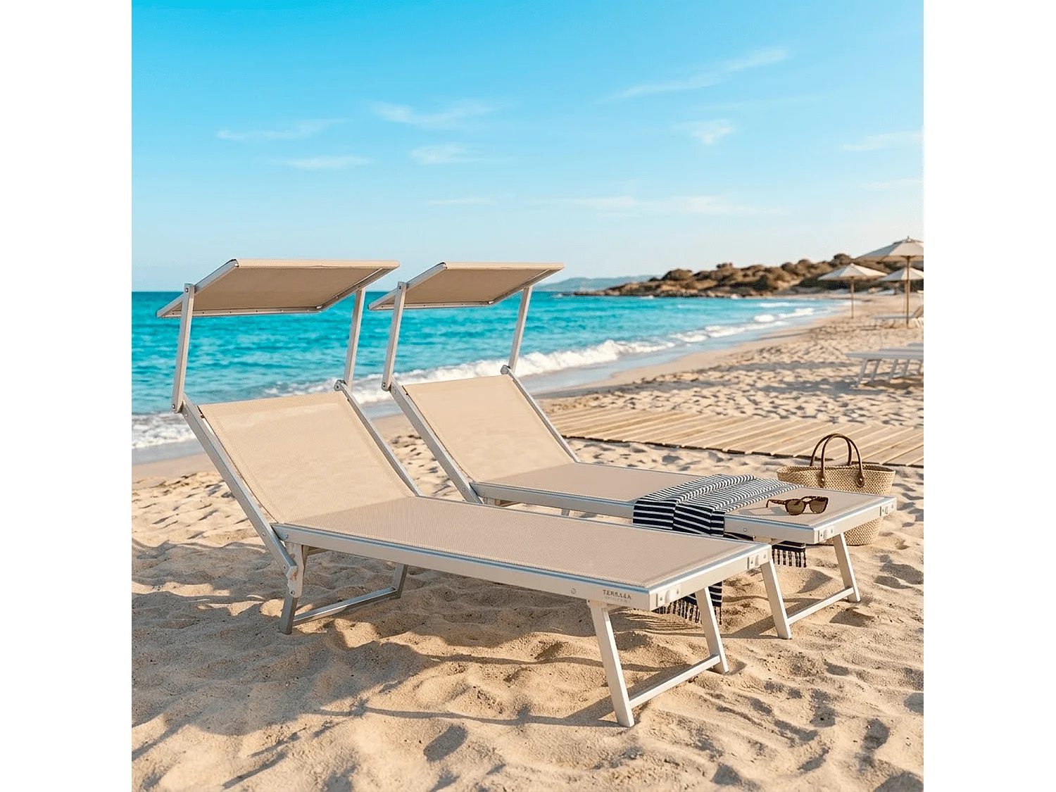 Coppia Di Lettini Beige Prendisole Pieghevole Professionale In Alluminio Tettuccio Orientabile Sdraio Mare Spiaggia Piscina Giardino 182 x 60 x 38 cm