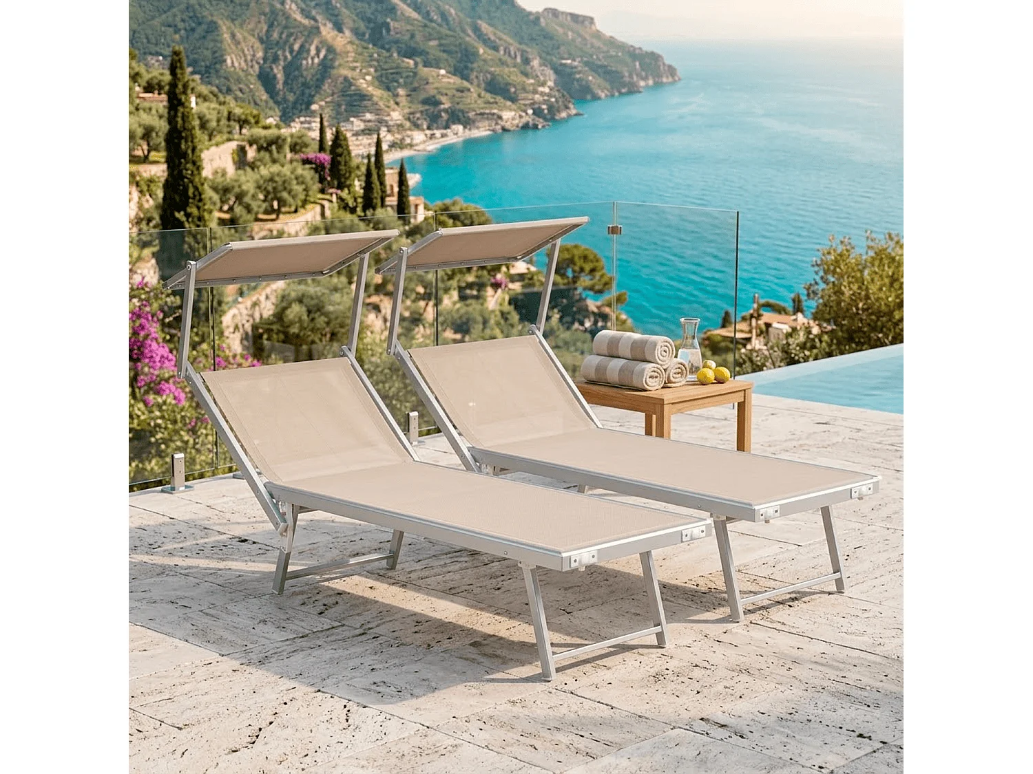 Coppia Di Lettini Beige Prendisole Pieghevole Professionale In Alluminio Tettuccio Orientabile Sdraio Mare Spiaggia Piscina Giardino 182 x 60 x 38 cm