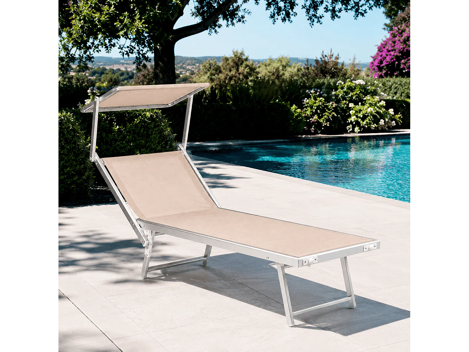 Lettino Prendisole Pieghevole Professionale In Alluminio E Tessuto Textilene Tettuccio Orientabile Per Mare Spiaggia Piscina Giardino Sdraio 182 X 60 X 38 Cm Beige
