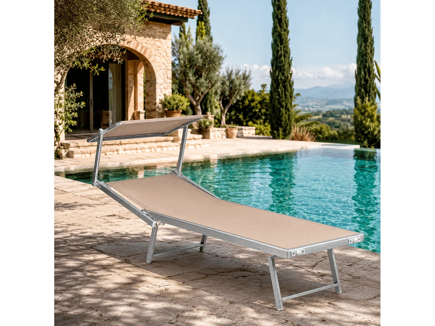 Lettino Prendisole Pieghevole Professionale In Alluminio E Tessuto Textilene Tettuccio Orientabile Per Mare Spiaggia Piscina Giardino Sdraio 182 X 60 X 38 Cm Beige