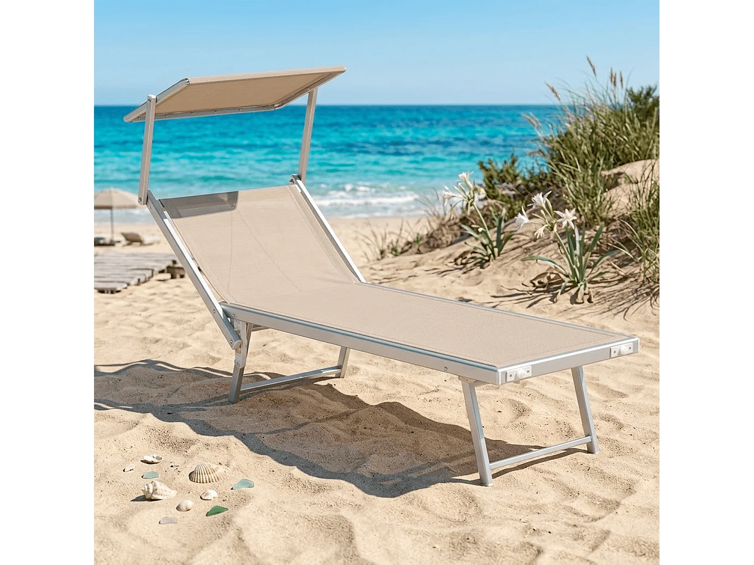 Lettino Prendisole Pieghevole Professionale In Alluminio E Tessuto Textilene Tettuccio Orientabile Per Mare Spiaggia Piscina Giardino Sdraio 182 X 60 X 38 Cm Beige