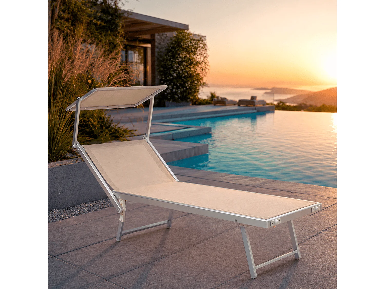 Lettino Prendisole Pieghevole Professionale In Alluminio E Tessuto Textilene Tettuccio Orientabile Per Mare Spiaggia Piscina Giardino Sdraio 182 X 60 X 38 Cm Beige