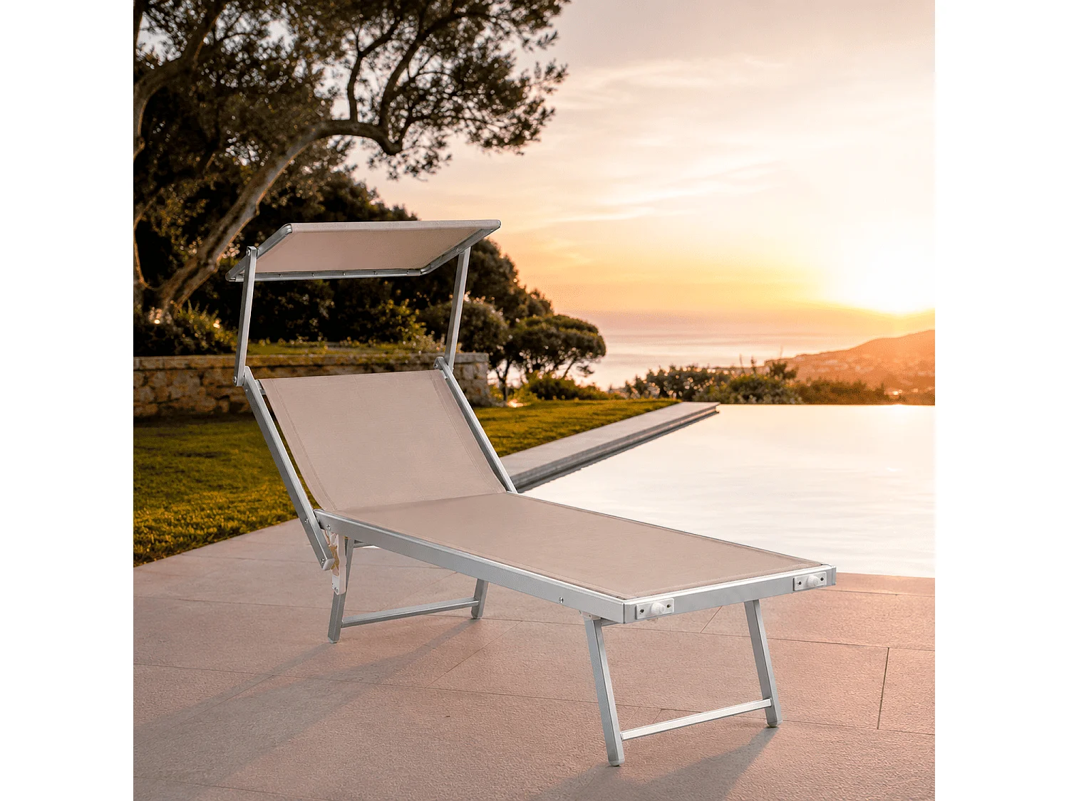 Lettino Prendisole Pieghevole Professionale In Alluminio E Tessuto Textilene Tettuccio Orientabile Per Mare Spiaggia Piscina Giardino Sdraio 182 X 60 X 38 Cm Beige