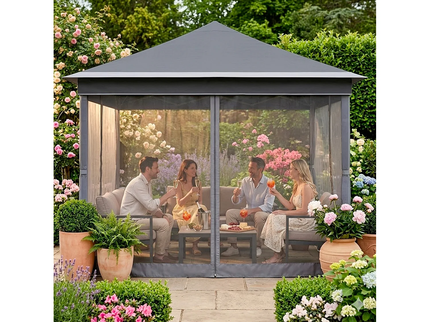 Gazebo Pieghevole Da Giardino Con Zanzariere Laterali Telaio In Metallo Regolabile Pop Up Con Borsa Trasporto Per Eventi Outdoor 360 x 360 x 310 Cm Grigio Scuro