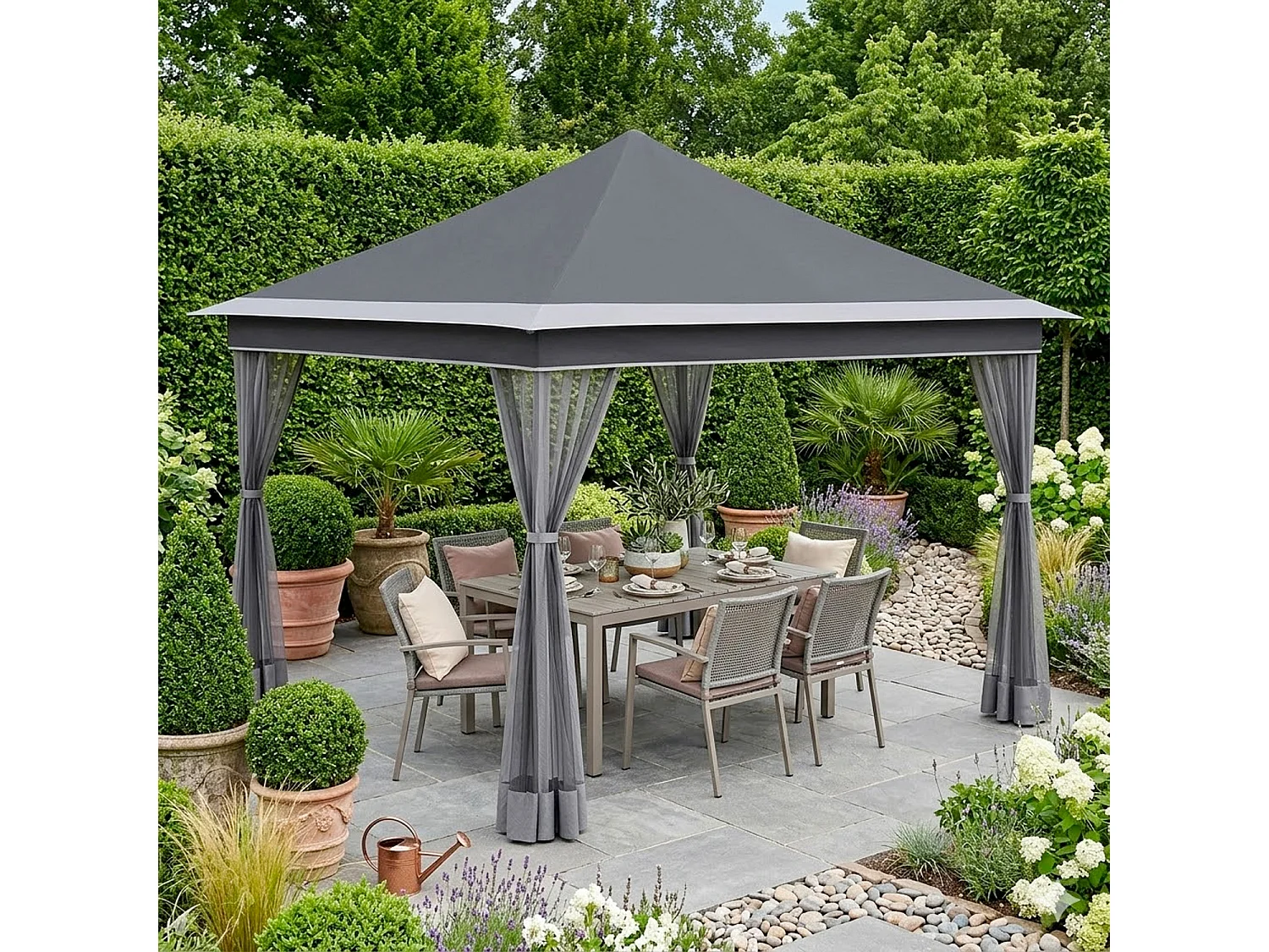 Gazebo Pieghevole Da Giardino Con Zanzariere Laterali Telaio In Metallo Regolabile Pop Up Con Borsa Trasporto Per Eventi Outdoor 360 x 360 x 310 Cm Grigio Scuro