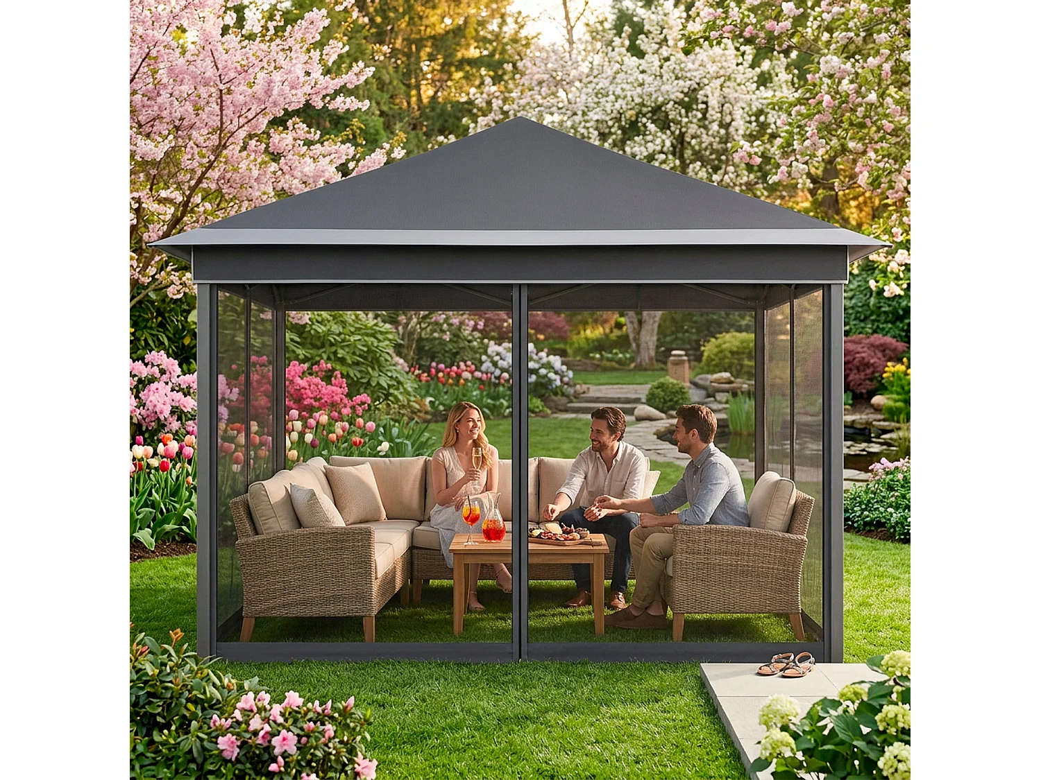 Gazebo Pieghevole Da Giardino Con Zanzariere Laterali Telaio In Metallo Regolabile Pop Up Con Borsa Trasporto Per Eventi Outdoor 360 x 360 x 310 Cm Grigio Scuro