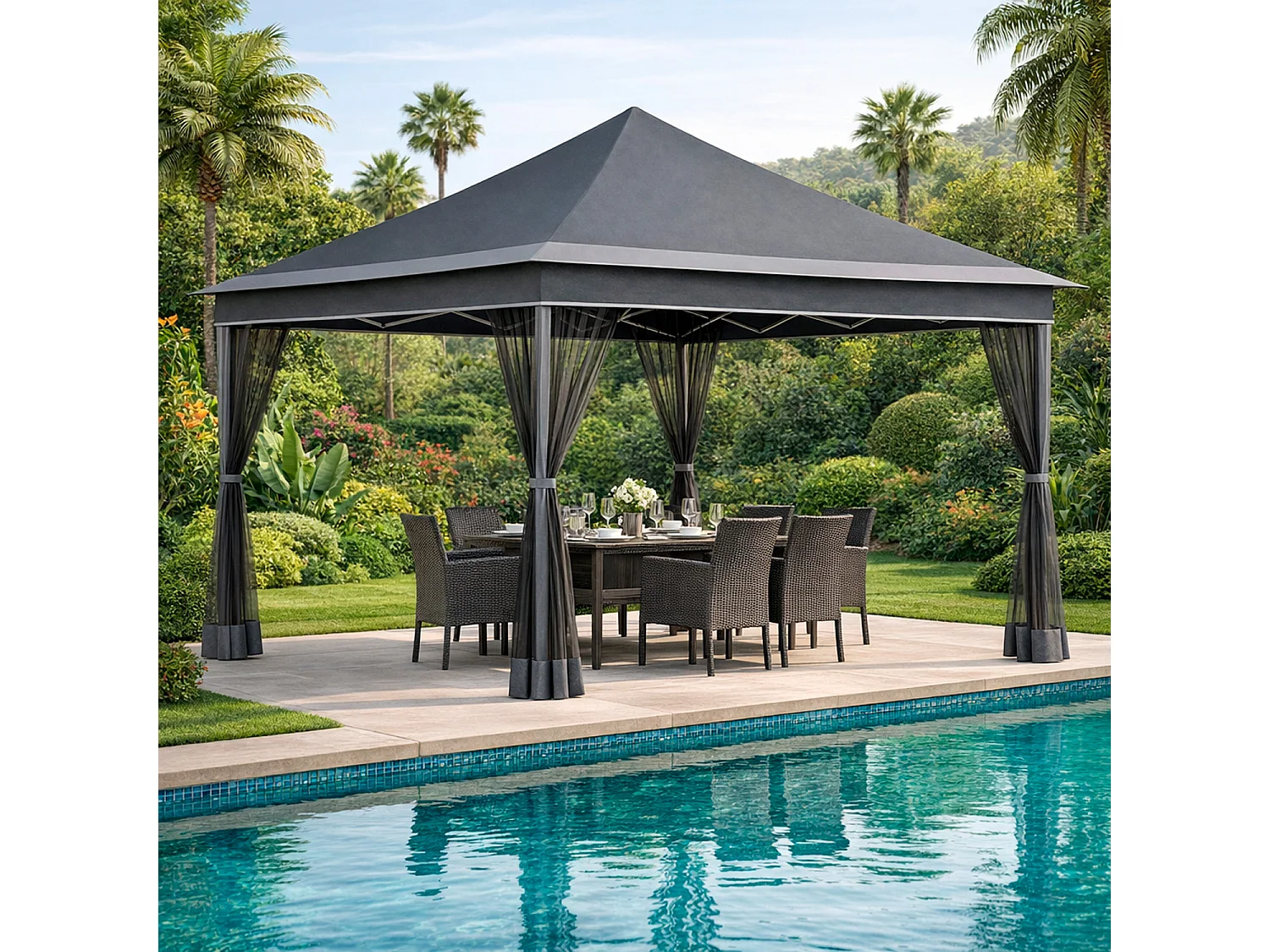 Gazebo Pieghevole Da Giardino Con Zanzariere Laterali Telaio In Metallo Regolabile Pop Up Con Borsa Trasporto Per Eventi Outdoor 360 x 360 x 310 Cm Grigio Scuro