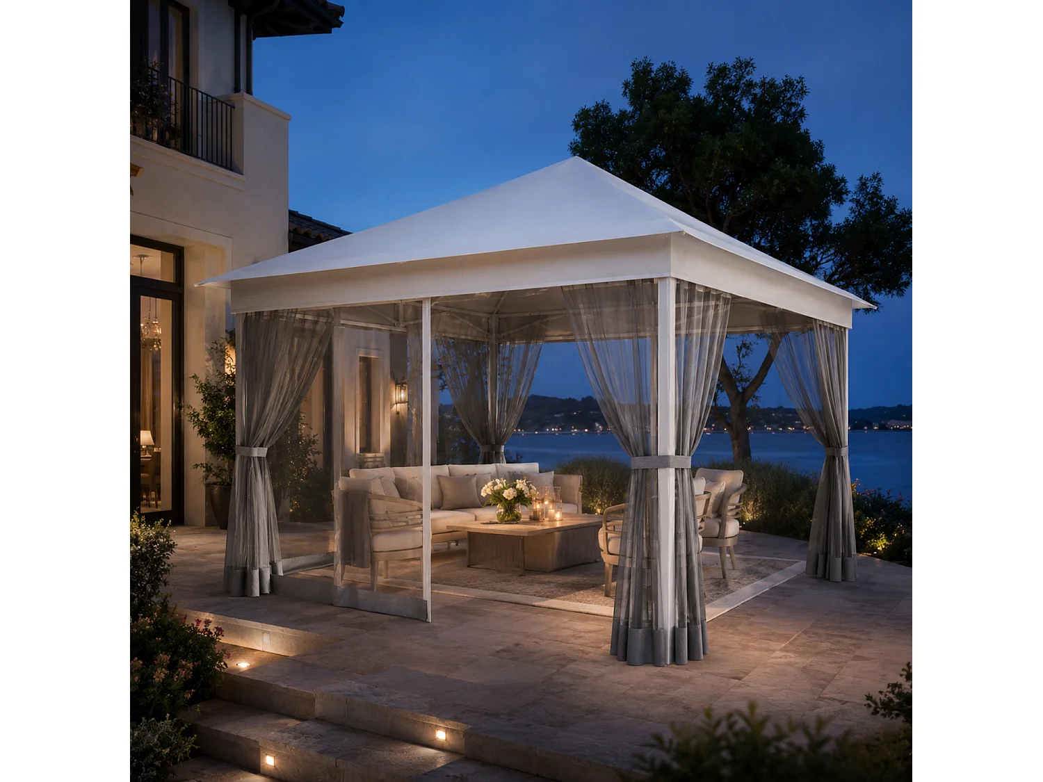 Gazebo Pieghevole Da Giardino Con Zanzariere Laterali Telaio In Metallo Regolabile Pop Up Con Borsa Trasporto Per Eventi Outdoor 360 x 360 x 310 Cm Bianco