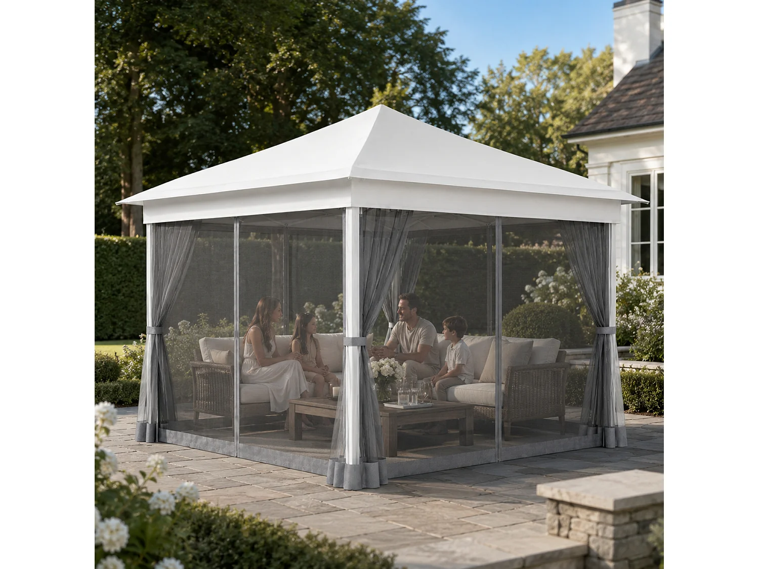Gazebo Pieghevole Da Giardino Con Zanzariere Laterali Telaio In Metallo Regolabile Pop Up Con Borsa Trasporto Per Eventi Outdoor 360 x 360 x 310 Cm Bianco