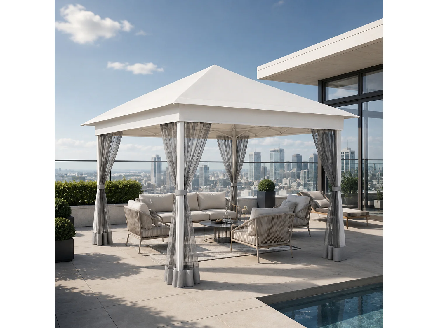 Gazebo Pieghevole Da Giardino Con Zanzariere Laterali Telaio In Metallo Regolabile Pop Up Con Borsa Trasporto Per Eventi Outdoor 360 x 360 x 310 Cm Bianco
