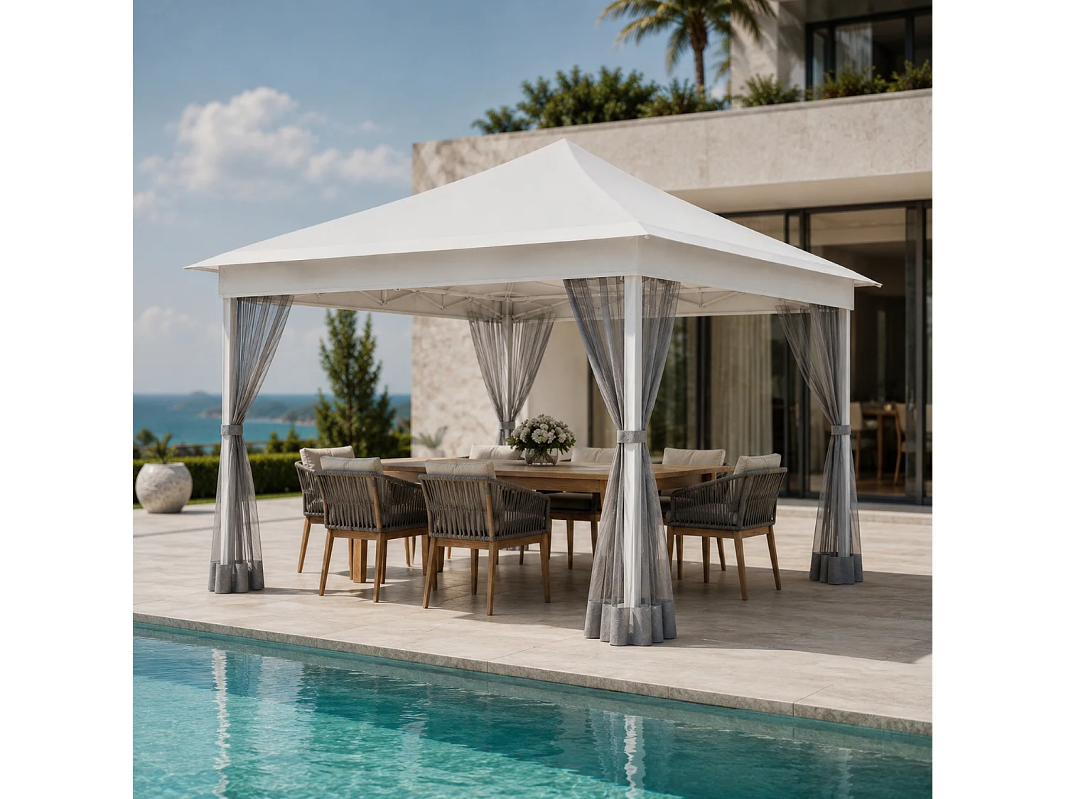Gazebo Pieghevole Da Giardino Con Zanzariere Laterali Telaio In Metallo Regolabile Pop Up Con Borsa Trasporto Per Eventi Outdoor 360 x 360 x 310 Cm Bianco