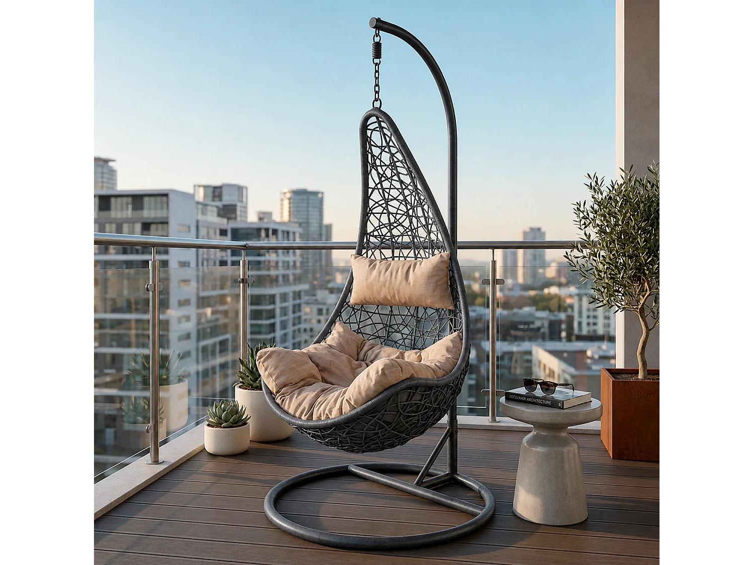 Poltrona Sospesa Da Giardino Con Struttura Autoportante In Metallo Seduta In Polyrattan E Cuscino Arredo Outdoor Terrazza Balcone E Veranda 105 x 195 Cm Nero