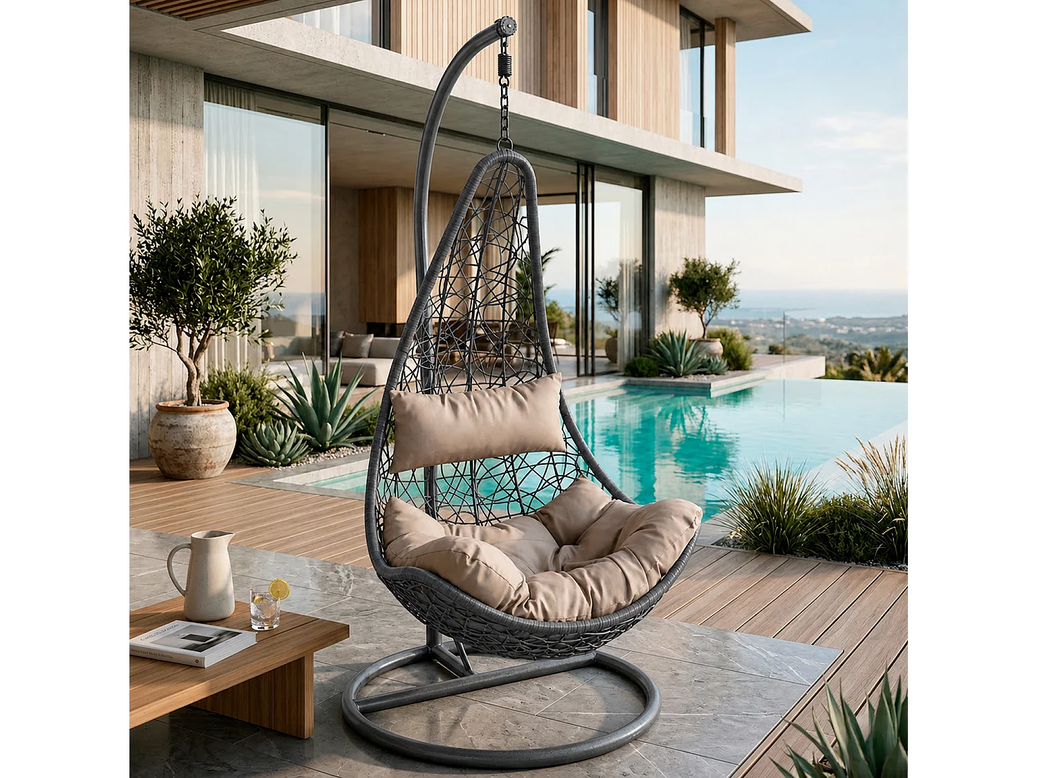 Poltrona Sospesa Da Giardino Con Struttura Autoportante In Metallo Seduta In Polyrattan E Cuscino Arredo Outdoor Terrazza Balcone E Veranda 105 x 195 Cm Nero