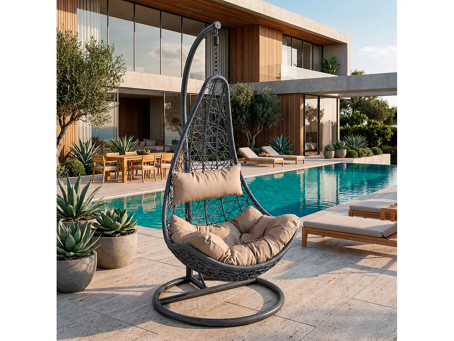 Poltrona Sospesa Da Giardino Con Struttura Autoportante In Metallo Seduta In Polyrattan E Cuscino Arredo Outdoor Terrazza Balcone E Veranda 105 x 195 Cm Nero