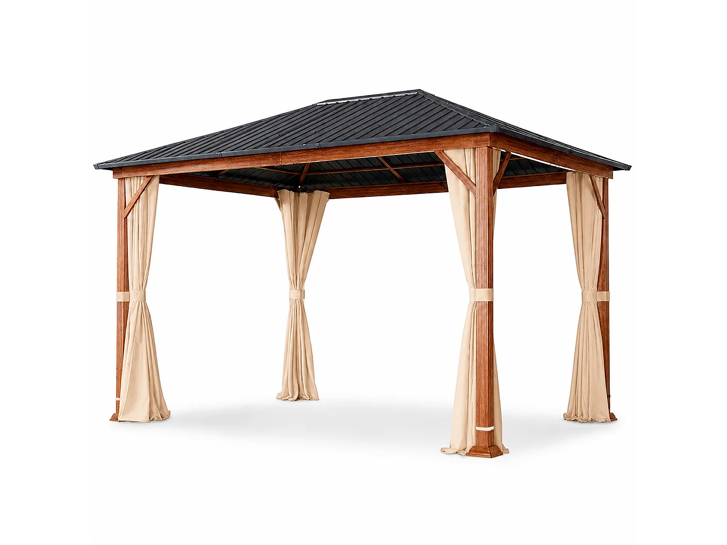 Gazebo Metri Per Giardino Con Tetto In Acciaio Zincato Struttura Effetto Legno Tende Laterali Impermeabile Per Patio Outdoor E Terrazza Effetto Legno E Beige