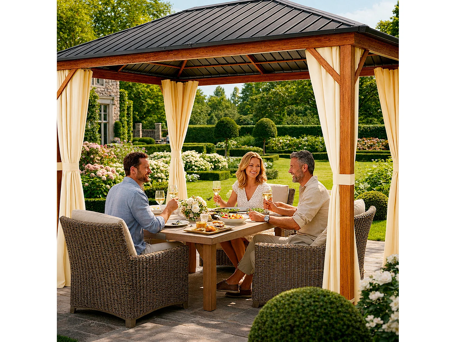 Gazebo Metri Per Giardino Con Tetto In Acciaio Zincato Struttura Effetto Legno Tende Laterali Impermeabile Per Patio Outdoor E Terrazza Effetto Legno E Beige