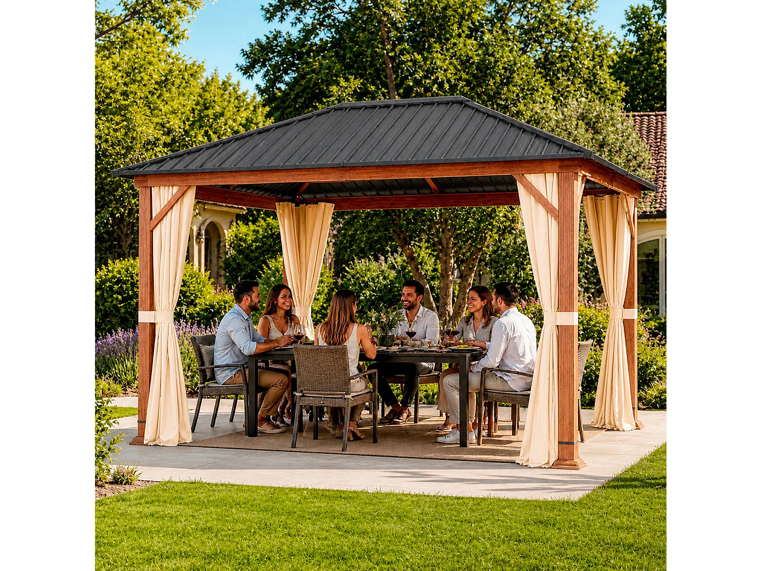 Gazebo Metri Per Giardino Con Tetto In Acciaio Zincato Struttura Effetto Legno Tende Laterali Impermeabile Per Patio Outdoor E Terrazza Effetto Legno E Beige