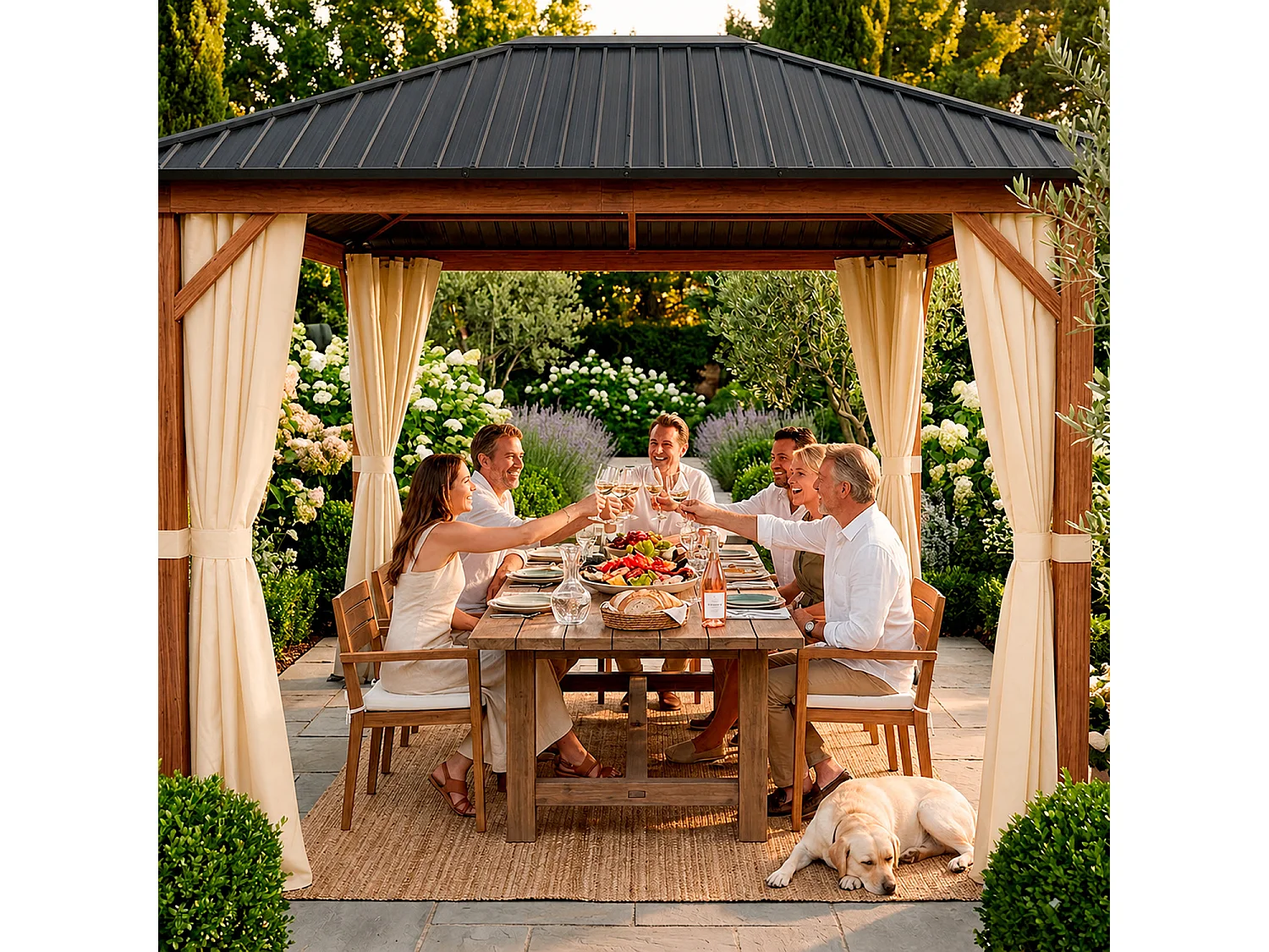 Gazebo Metri Per Giardino Con Tetto In Acciaio Zincato Struttura Effetto Legno Tende Laterali Impermeabile Per Patio Outdoor E Terrazza Effetto Legno E Beige