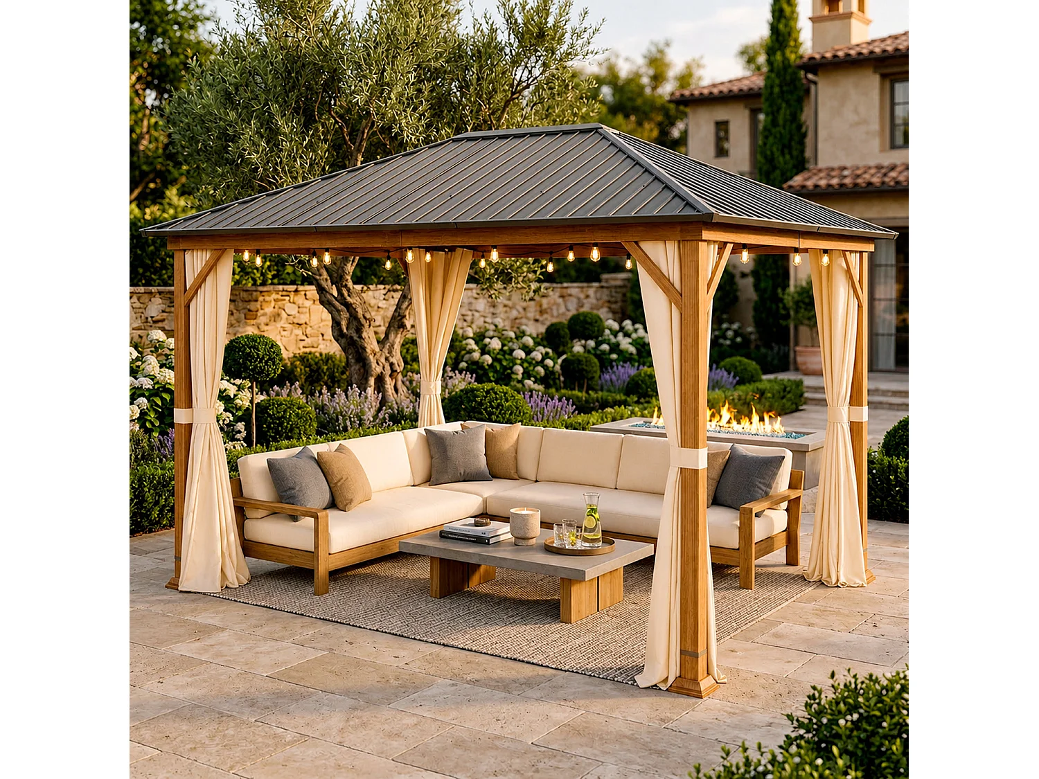 Gazebo Metri Per Giardino Con Tetto In Acciaio Zincato Struttura Effetto Legno Tende Laterali Impermeabile Per Patio Outdoor E Terrazza Effetto Legno E Beige