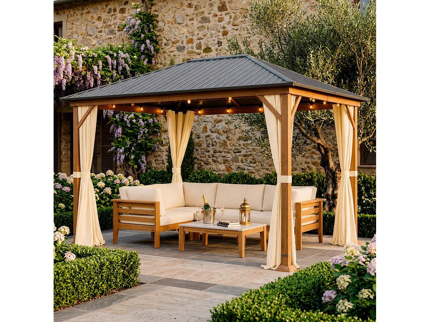 Gazebo Metri Per Giardino Con Tetto In Acciaio Zincato Struttura Effetto Legno Tende Laterali Impermeabile Per Patio Outdoor E Terrazza Effetto Legno E Beige